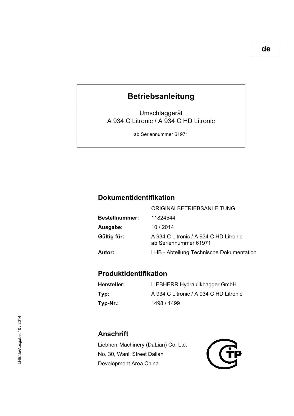 Liebherr A934 C A934 C HD Litronic Umschlaggerät Betriebsanleitung 61971 ERC