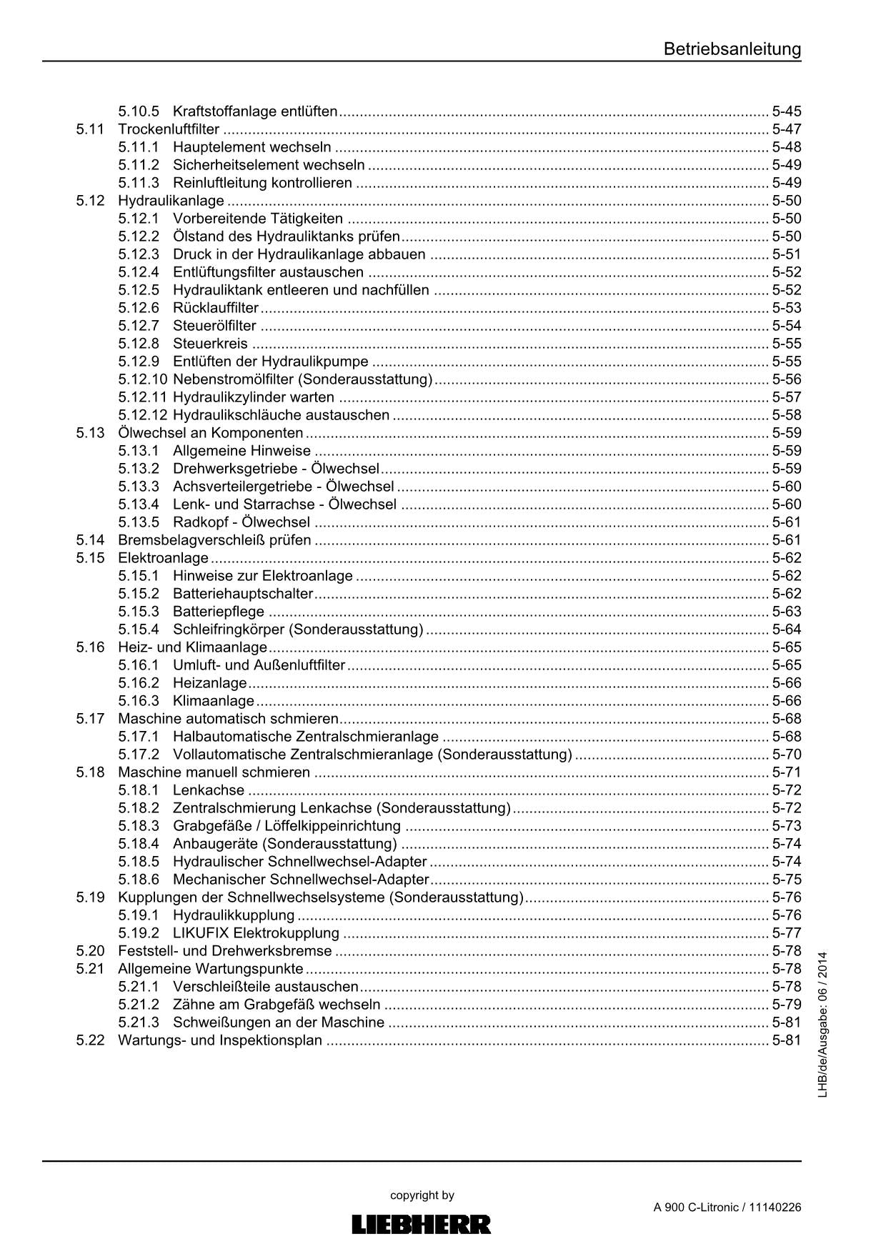 Liebherr A900 C-Litronic Hydraulikbagger Betriebsanleitung 11140226