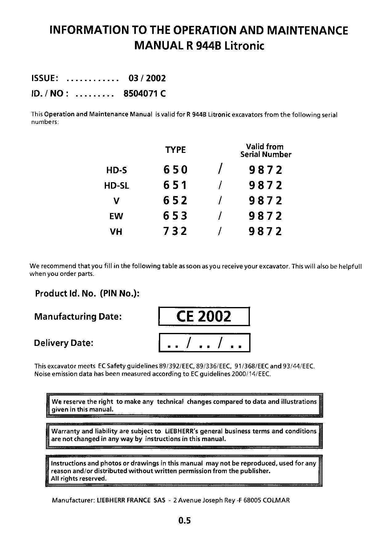 Liebherr R944 B Litronic Excavator Operators manual serial 9872