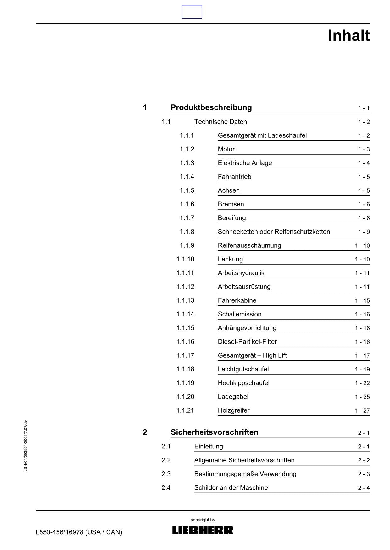 Liebherr L550 Radlader 2plus2 Betriebsanleitung ser 16978 USA CAN