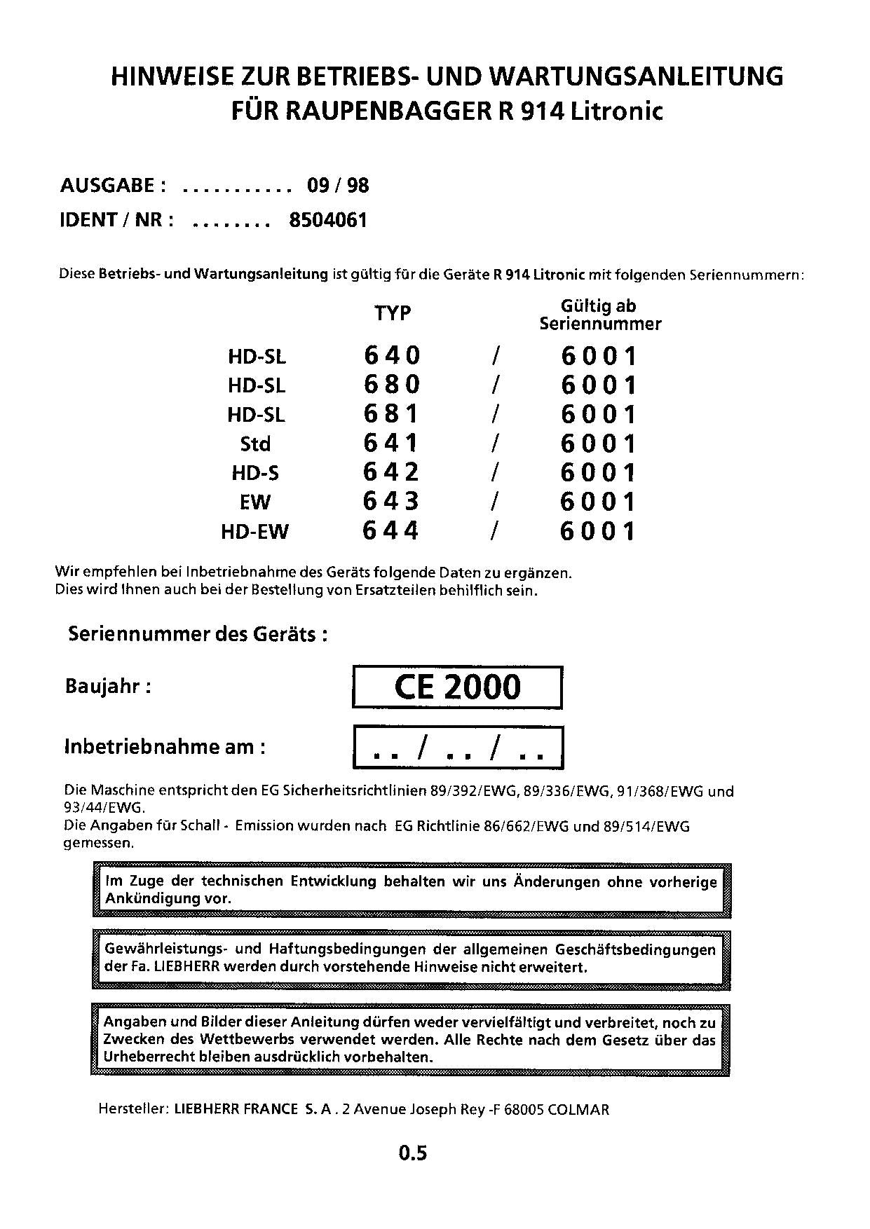 Liebherr R914 Litronic Hydraulikbagger Manuel d'instructions 8504061