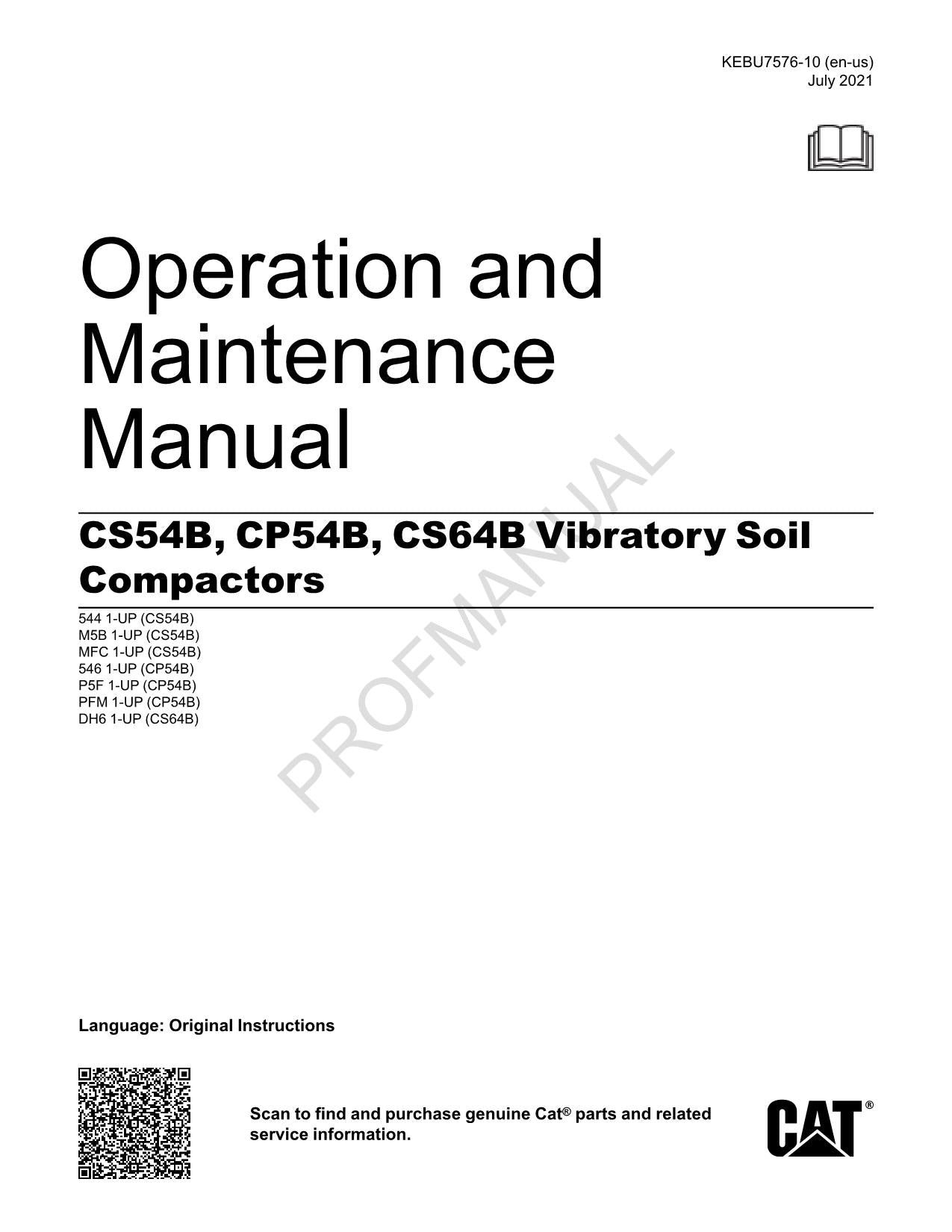 Caterpillar CP54B CS54B CS64B Vibrations-Bodenverdichter Bedienungsanleitung KEBU7576