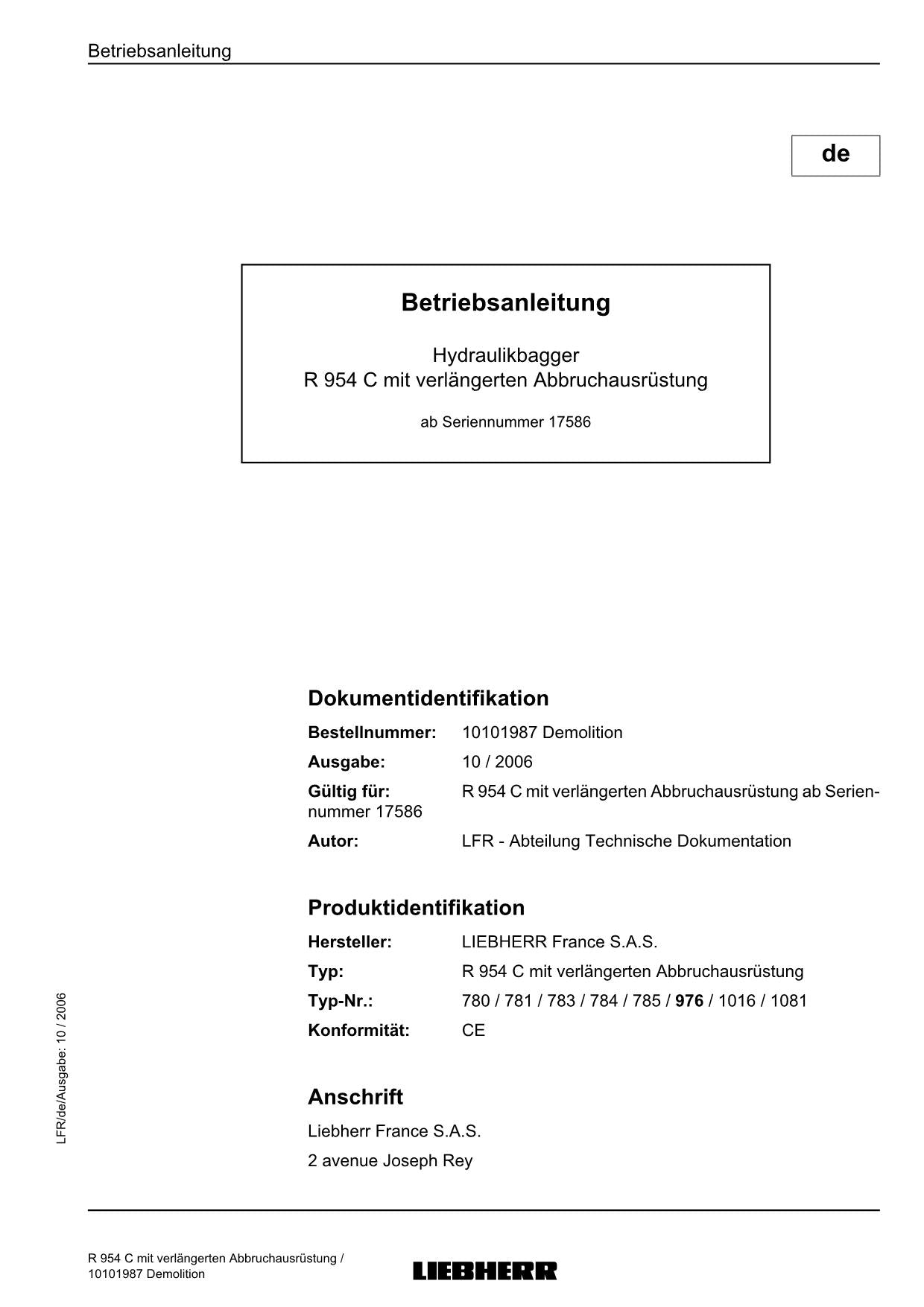 Liebherr R954 C Abbruchgerät 17586 Hydraulikbagger Betriebsanleitung