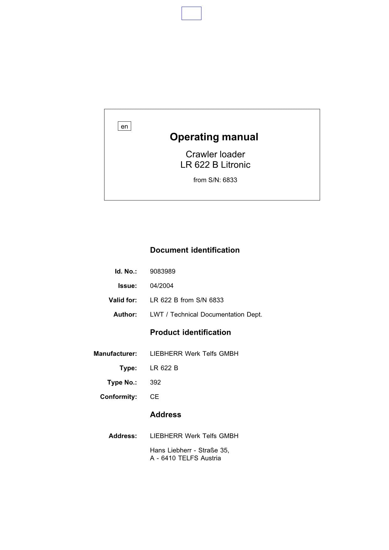 Liebherr LR622 B Litronic CRAWLER LOADER Operators manual 9083989