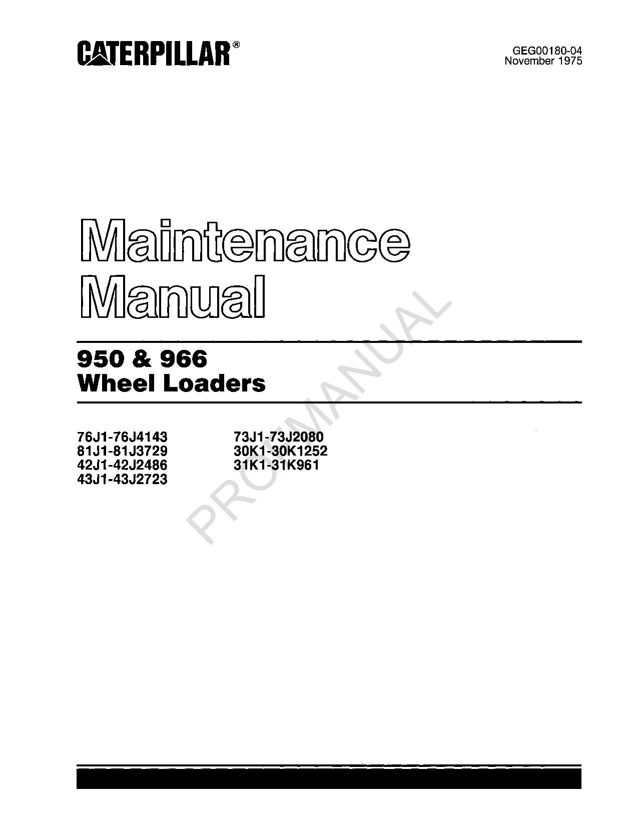 Caterpillar 950 966 Wheel loader Operators Maintenance Manual