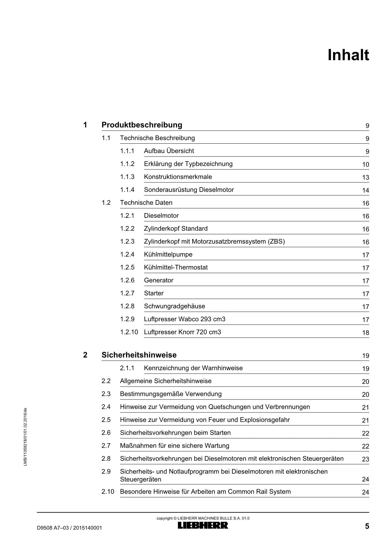 Liebherr D9508 A7-03 Dieselmotor Betriebsanleitung