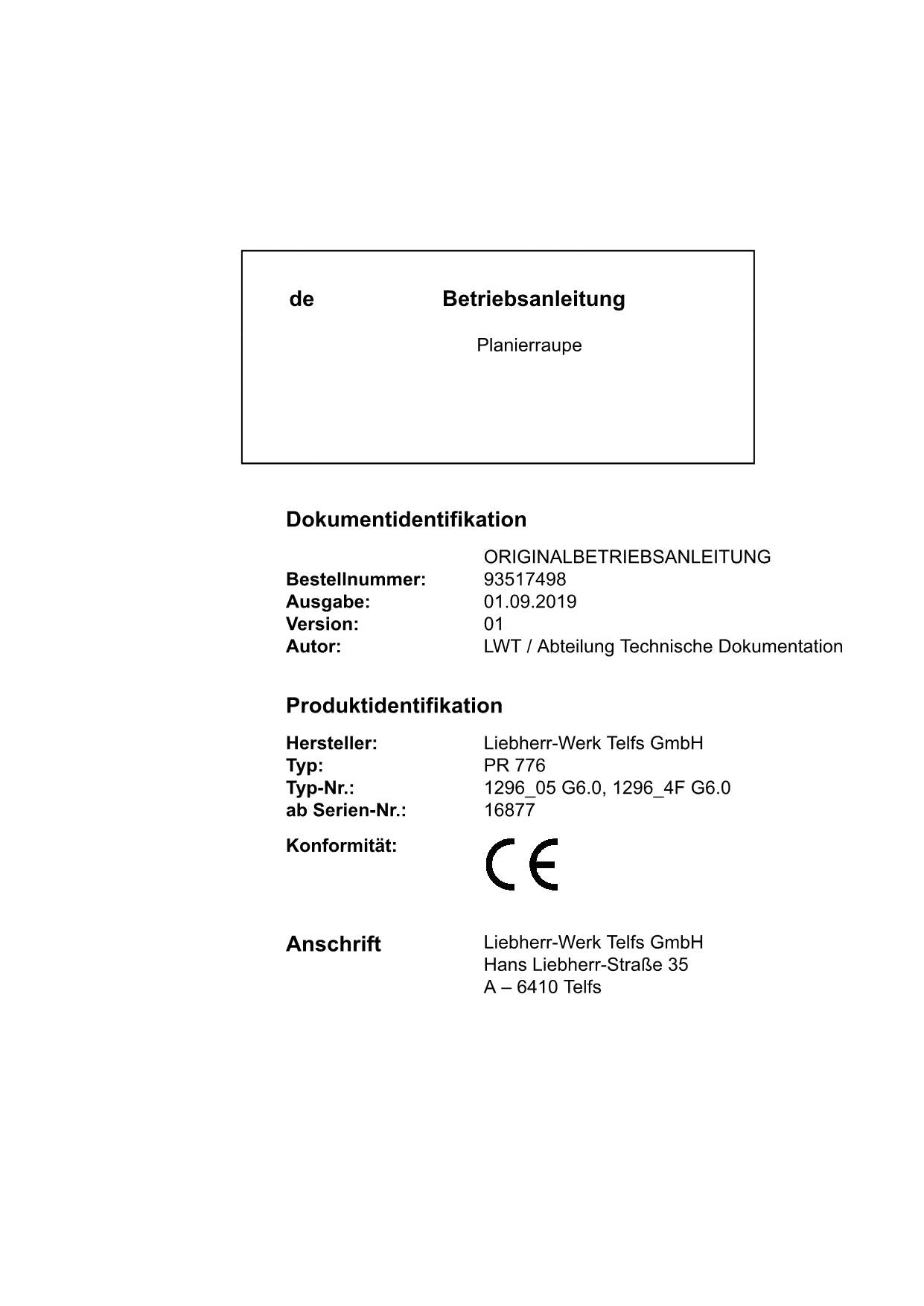 Liebherr PR776 Planierraupe Betriebsanleitung ser 16877