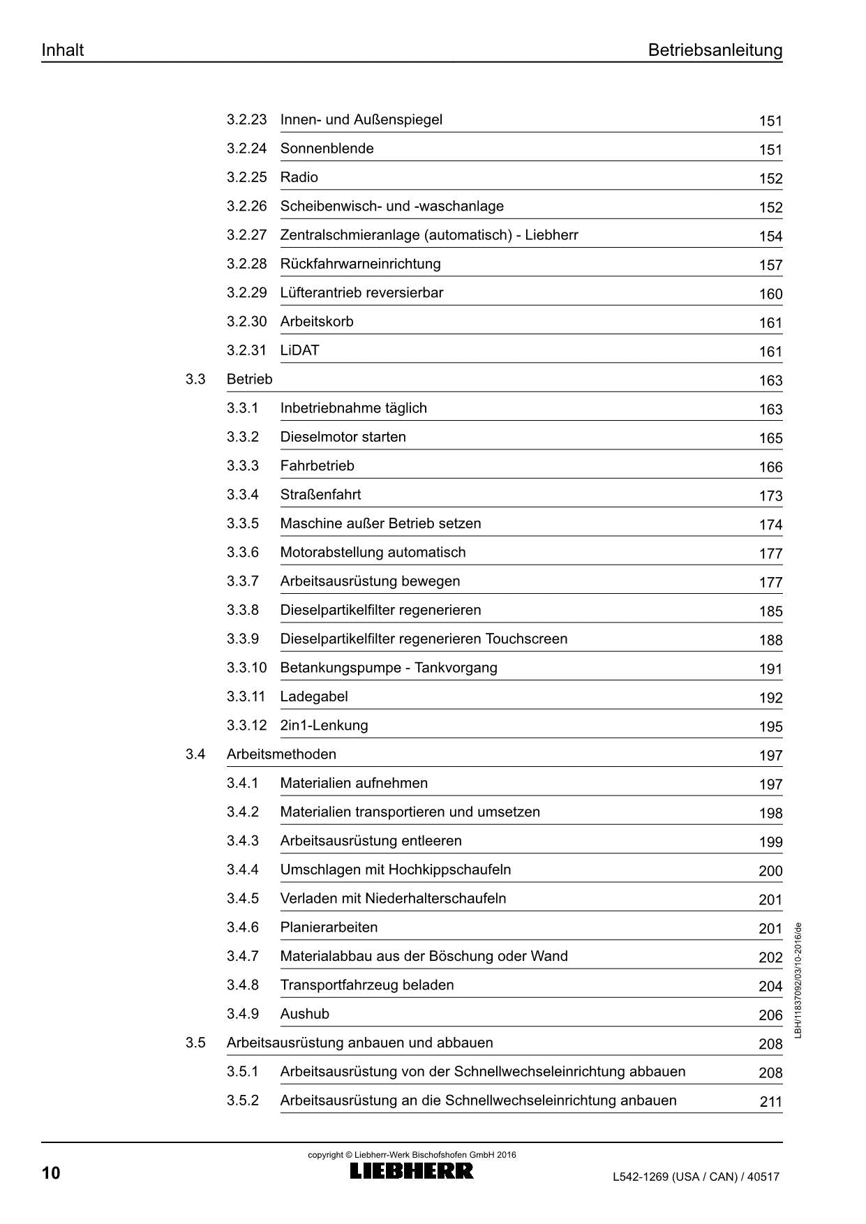 Liebherr L542 USACAN Radlader Betriebsanleitung ser 40517