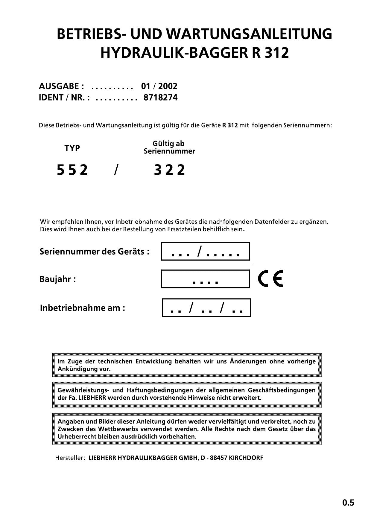 Liebherr R312 Hydraulikbagger Manuel d'instructions Manuel d'entretien