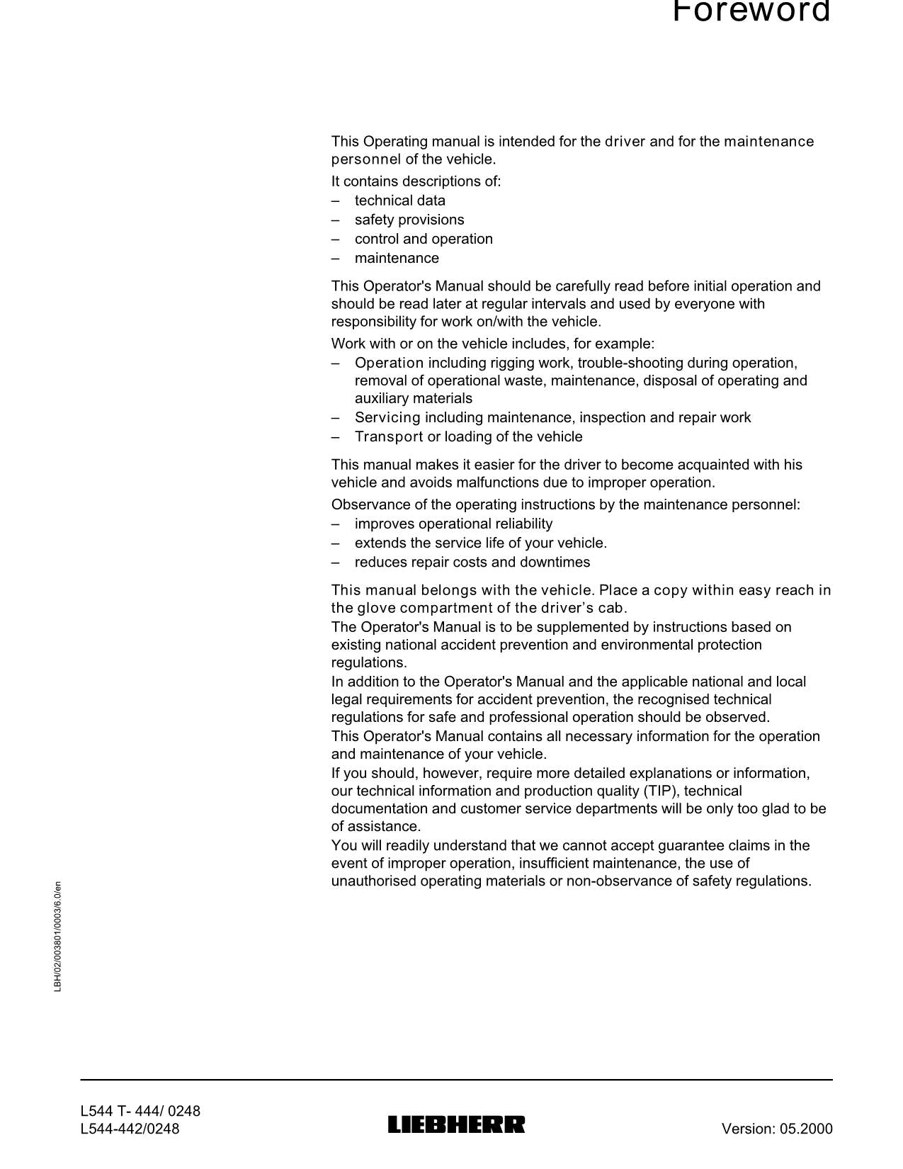 Manuel d'utilisation de la chargeuse sur pneus Liebherr L544 - L544 T