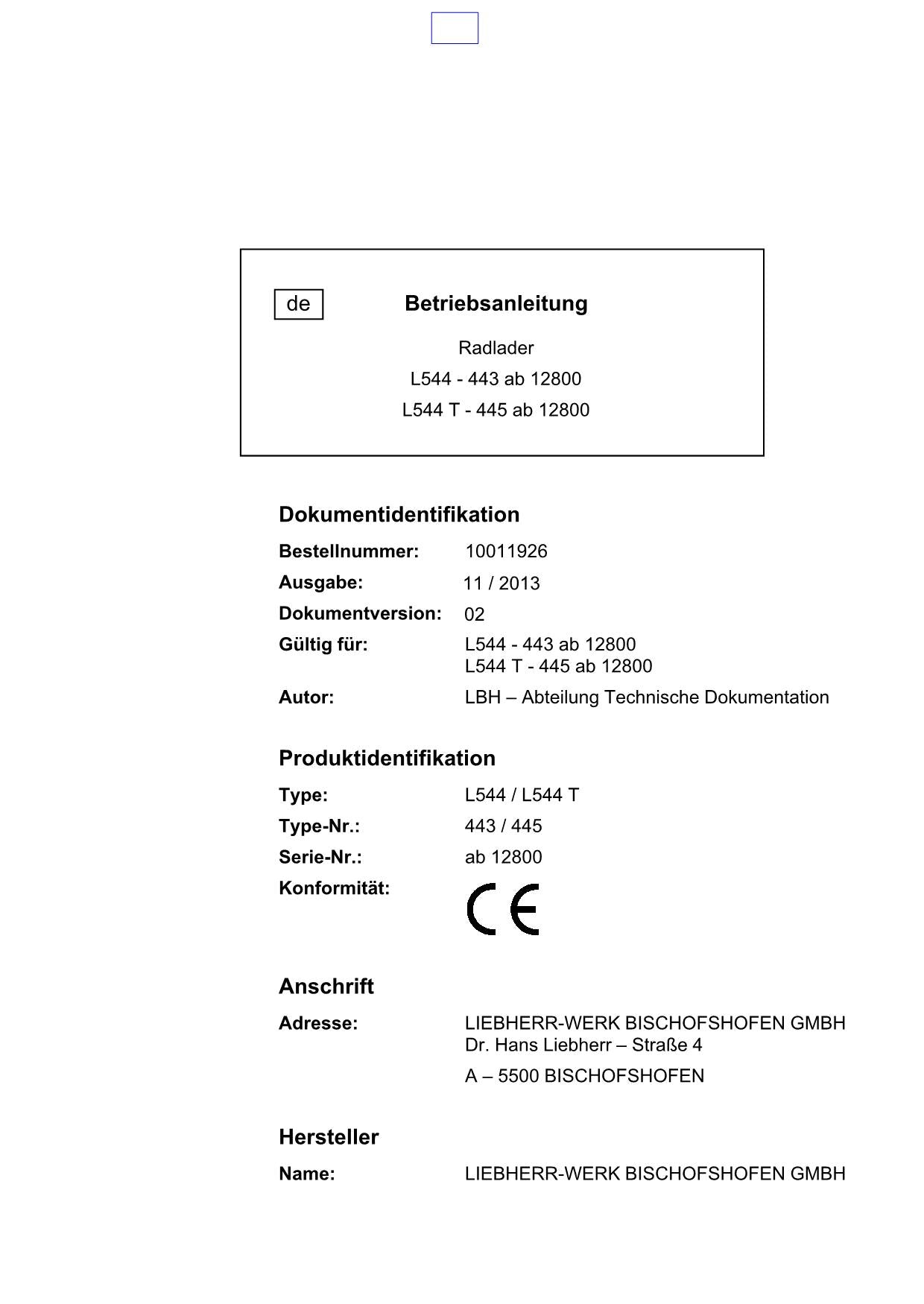 Liebherr L544 L544 T Radlader Betriebsanleitung ser 12800