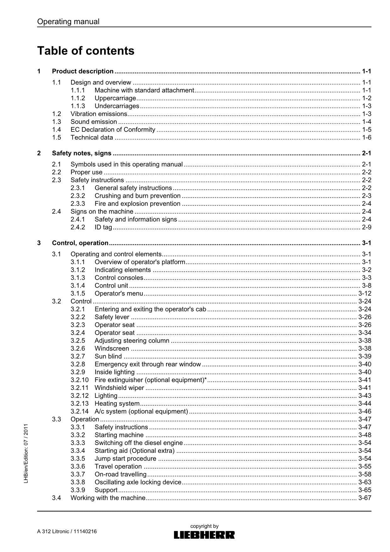 Liebherr A312 Litronic Excavator Operators manual