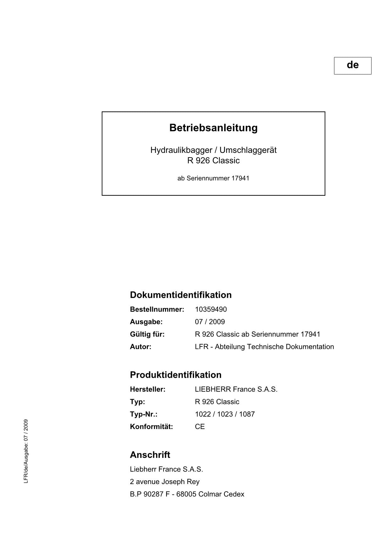 Liebherr R926 Classic Hydraulikbagger Betriebsanleitung ser 17941