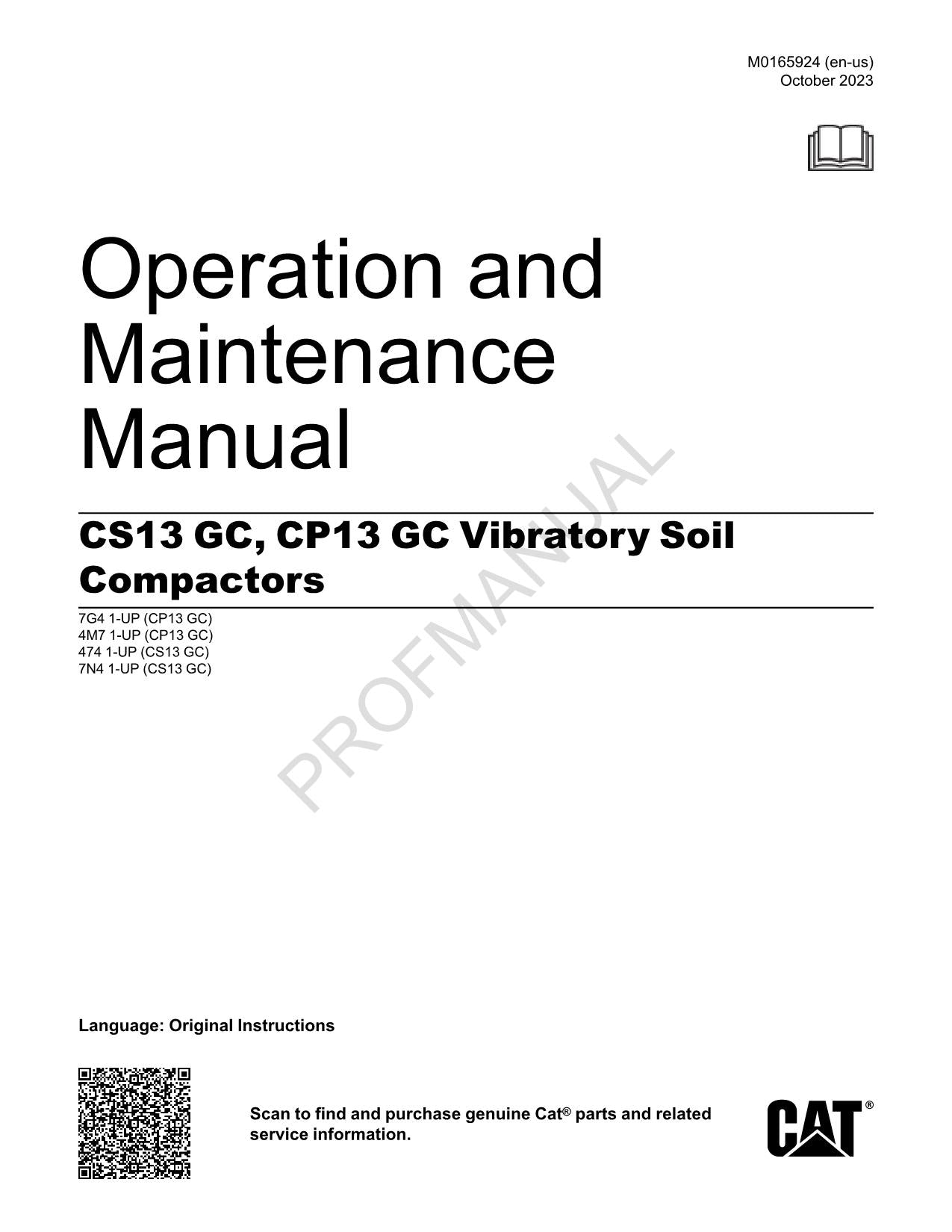 Caterpillar CS13 GC CP13 GC Vibratory Soil Compactor Operators Manual