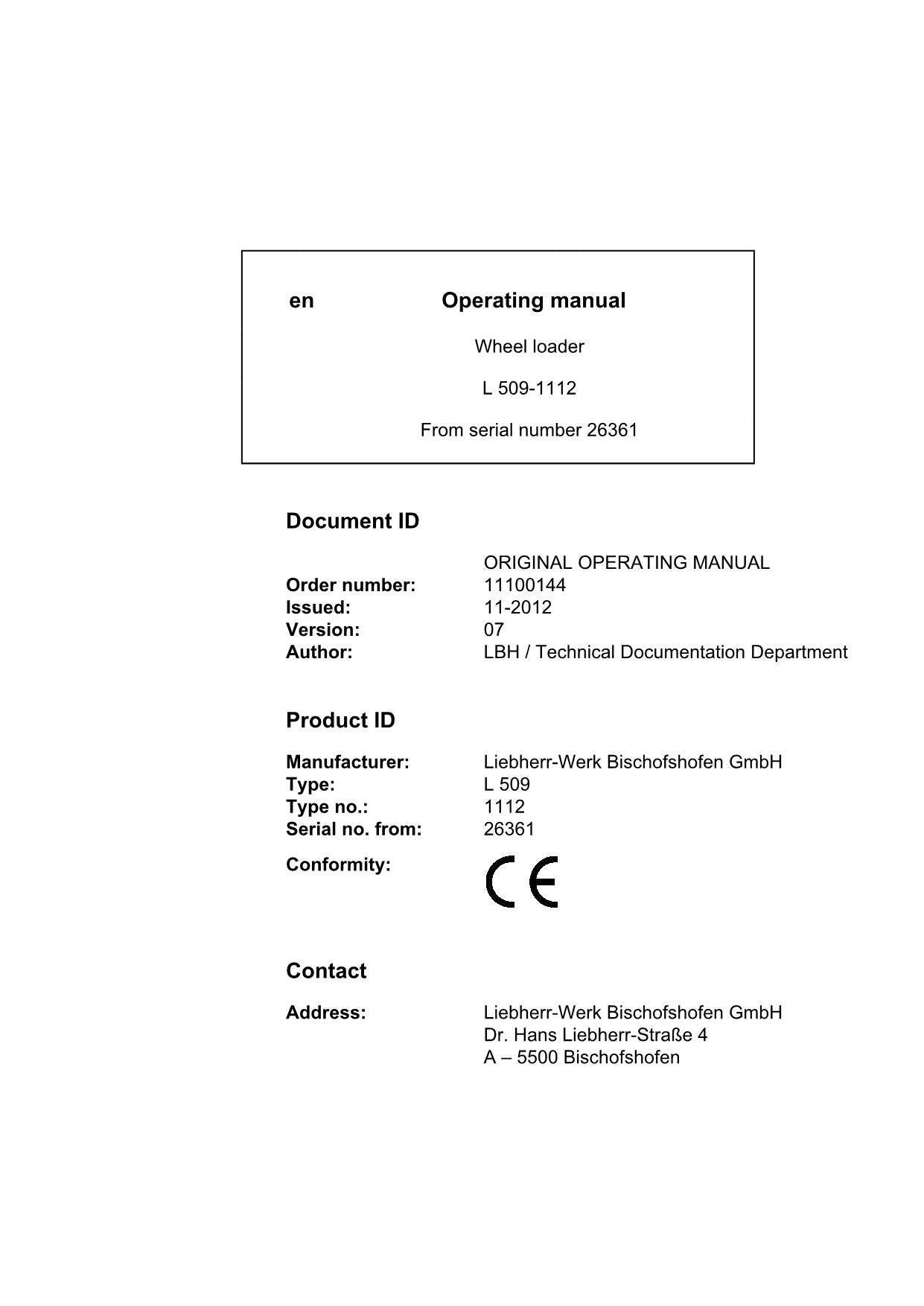 Liebherr L509-1112 Wheel Loader Operators manual