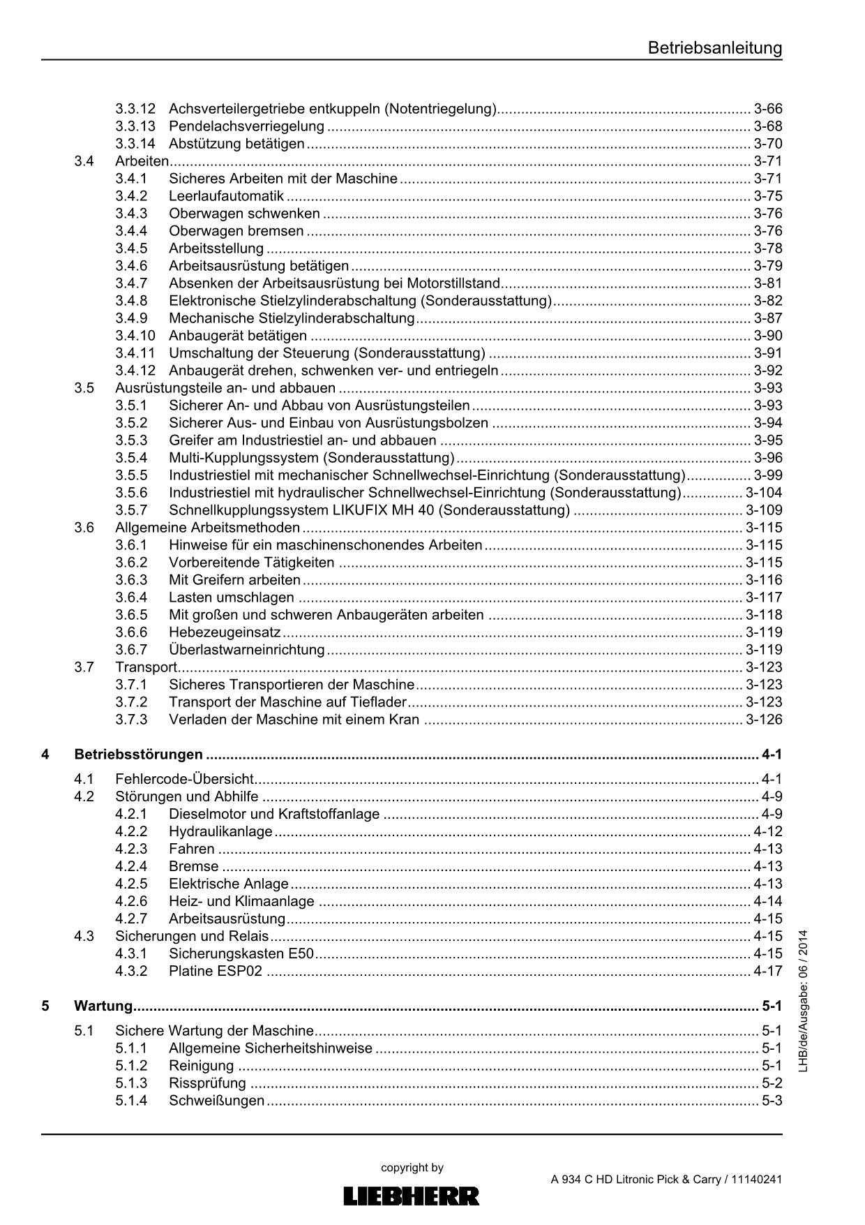 Liebherr A934 C HD Litronic Pick Carry Umschlaggerät Betriebsanleitung 2014