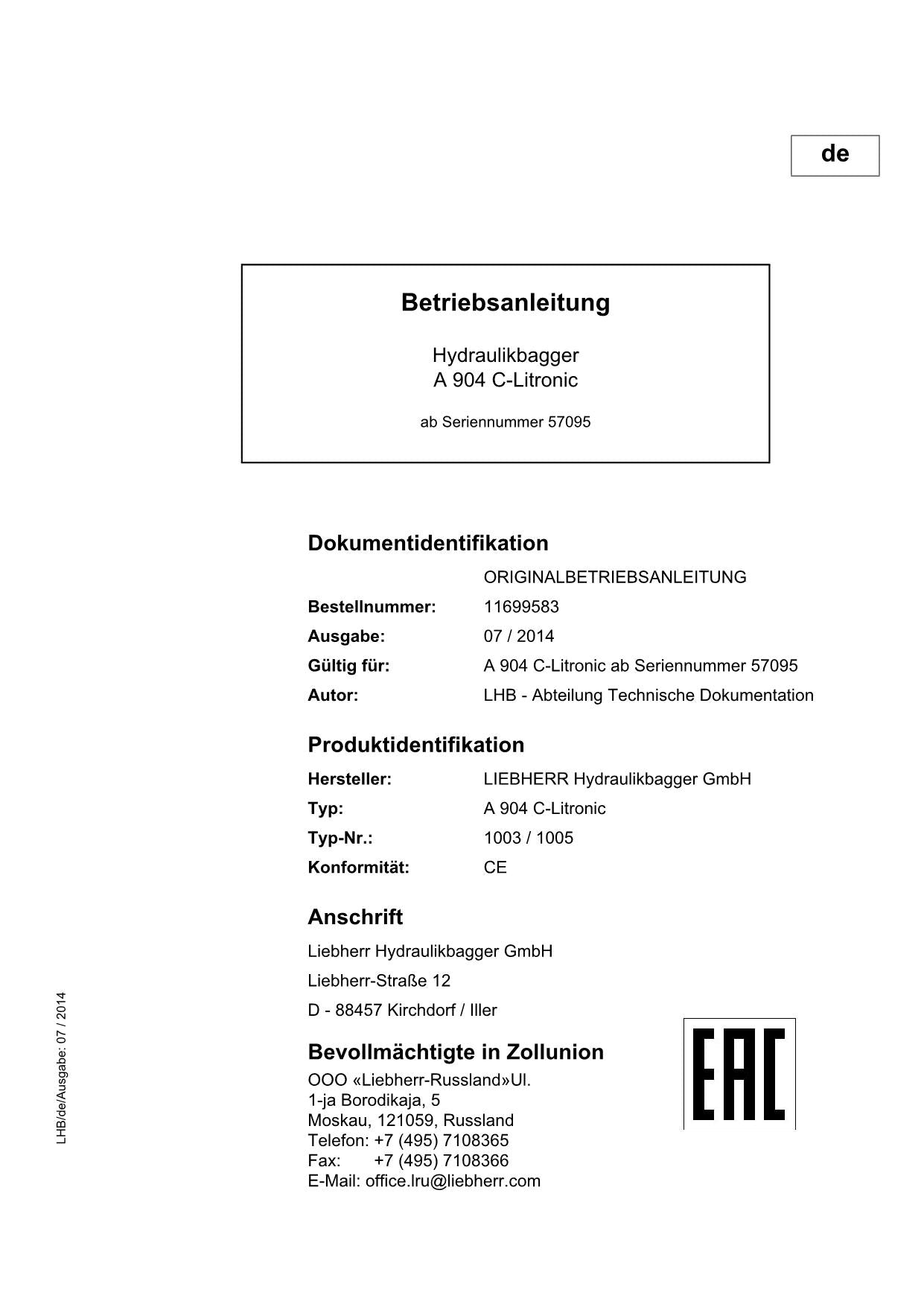 Liebherr A904 C-Litronic Hydraulikbagger Manuel d'instructions 11699583