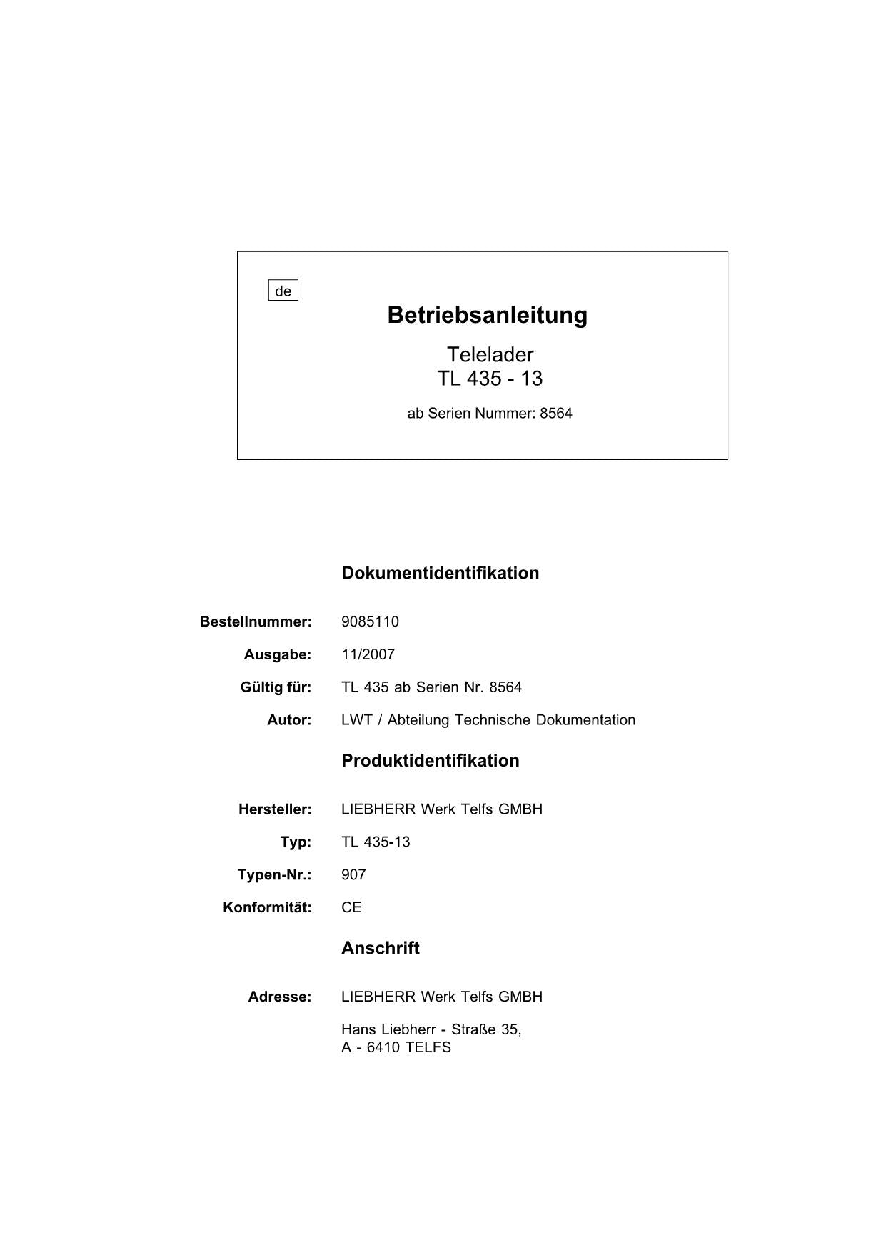 Liebherr TL435-13 Téléchargeur Manuel d'instructions