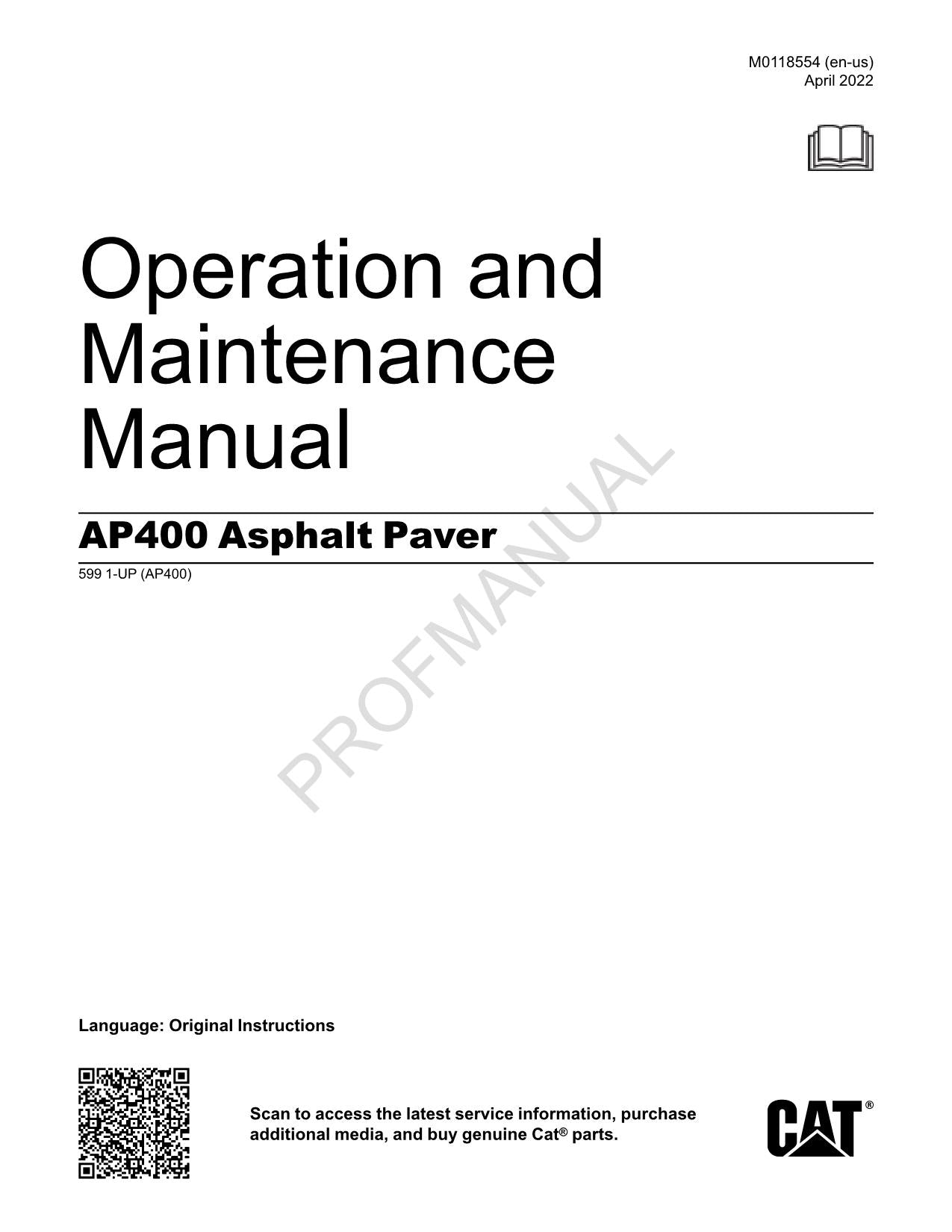 Caterpillar AP400 Asphalt Paver Operators Maintenance Manual