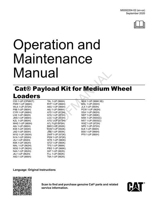 Caterpillar Cat Payload Kit Medium Wheel loader Operators Maintenance Manual