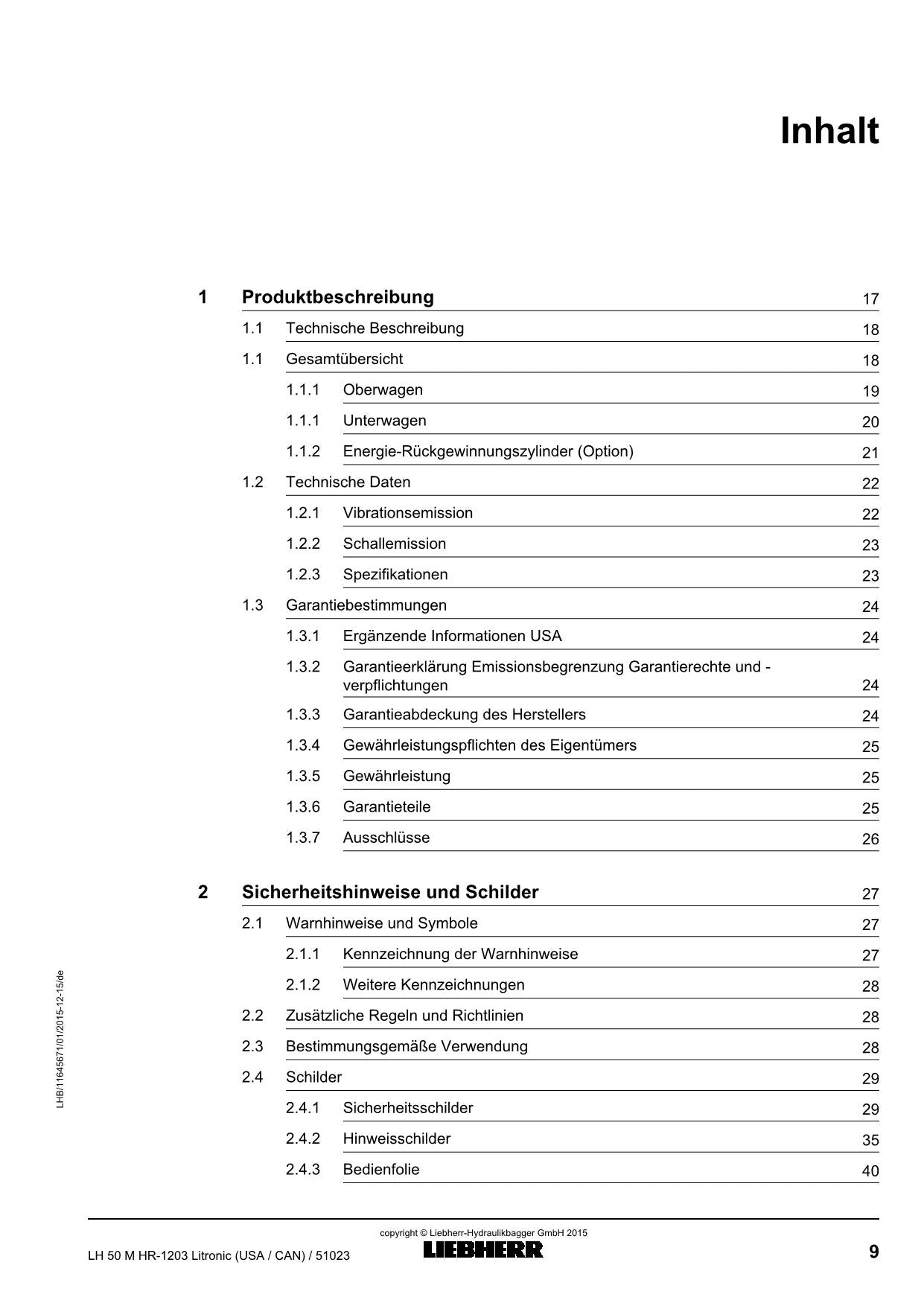 Liebherr LH50 M HRLitronic USACAN Materialumschlaggerät Betriebsanleitung