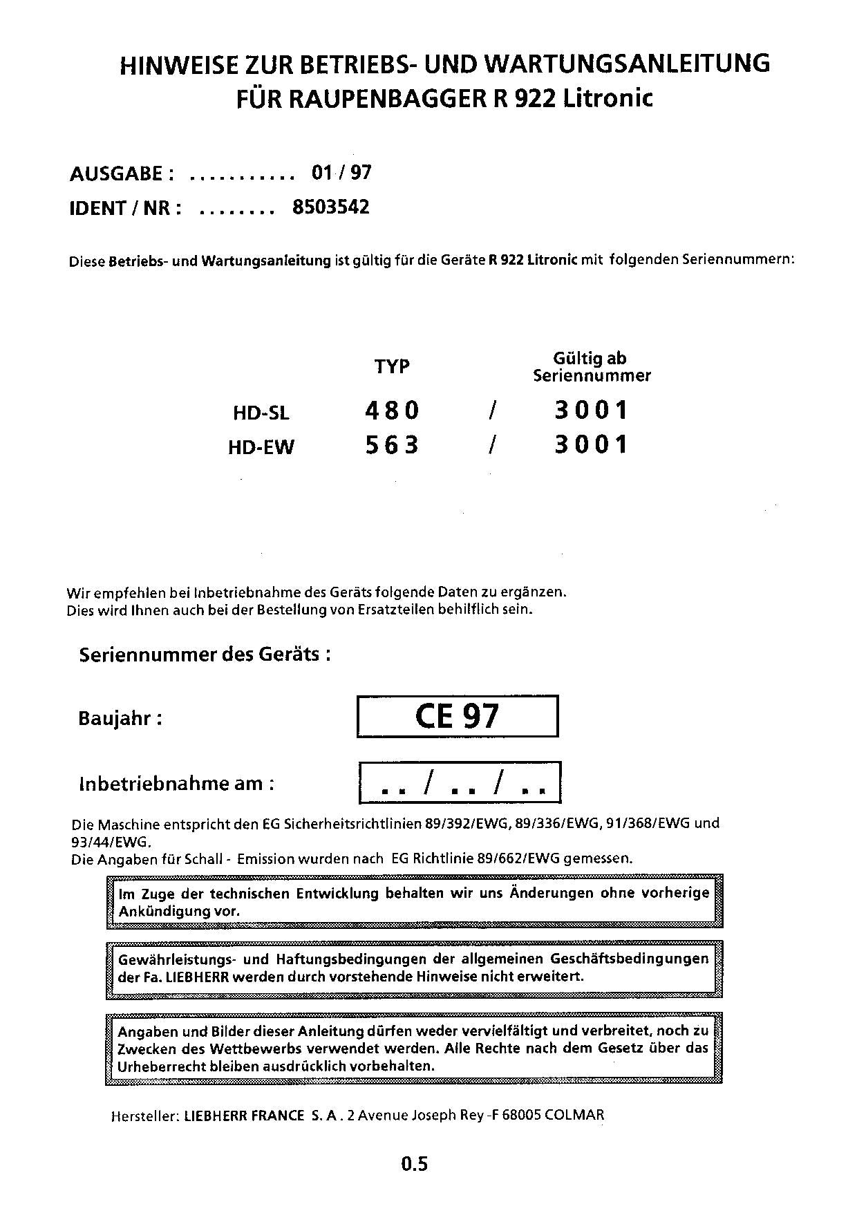 Liebherr R922 Litronic Hydraulikbagger Manuel d'instructions 8503542