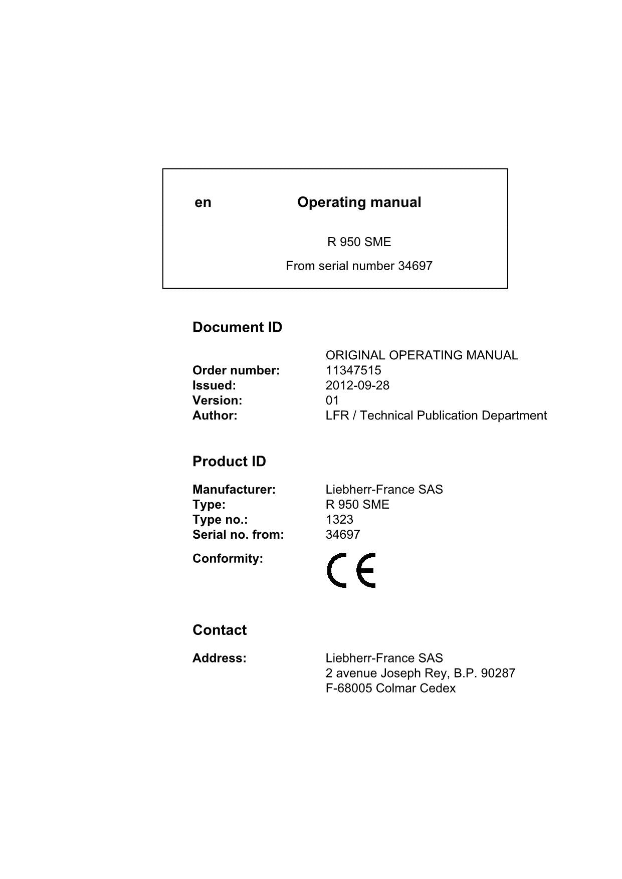 Liebherr R950 SME Excavator Operators manual