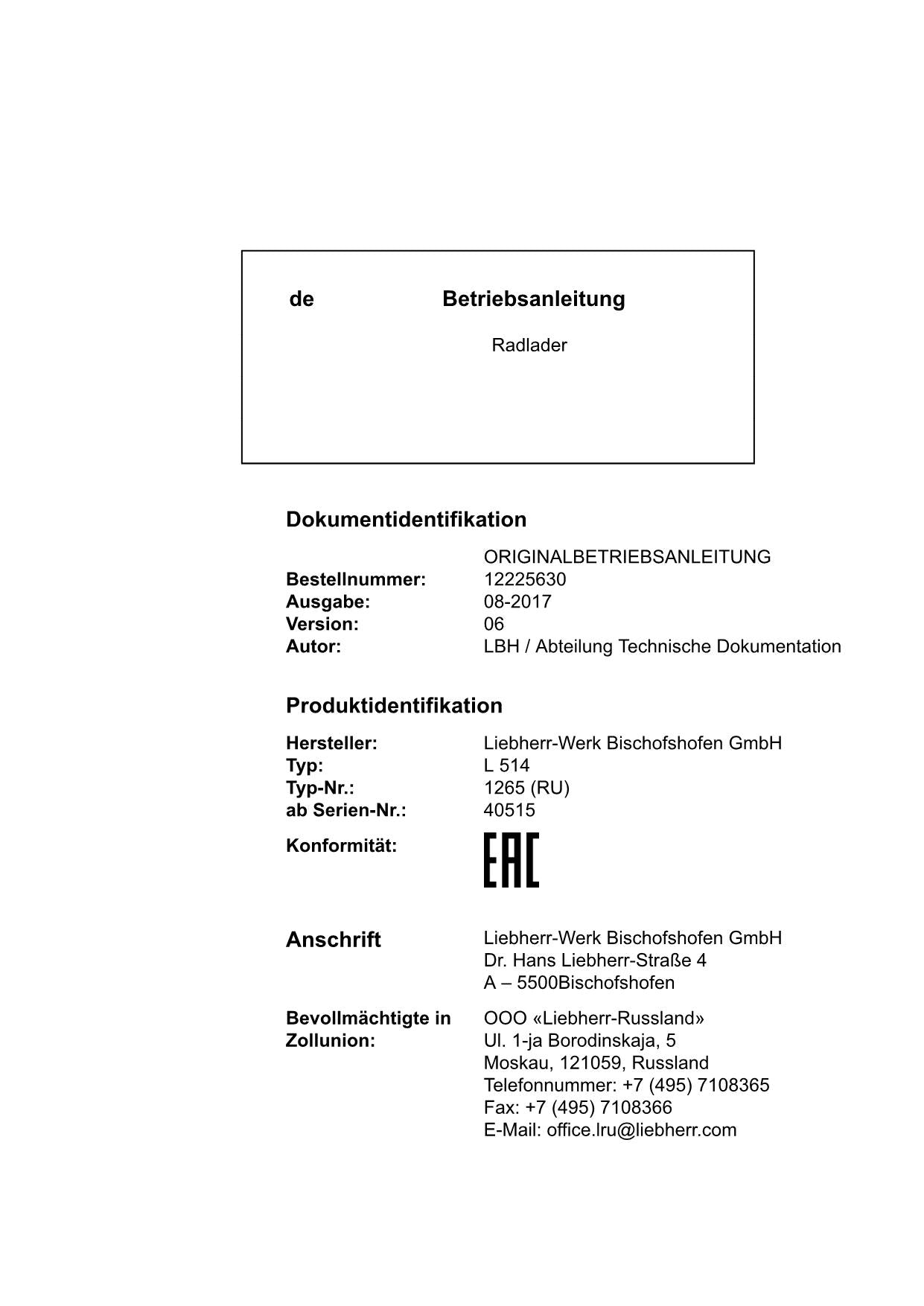 Liebherr L514 Radlader Betriebsanleitung ser 40515 RU