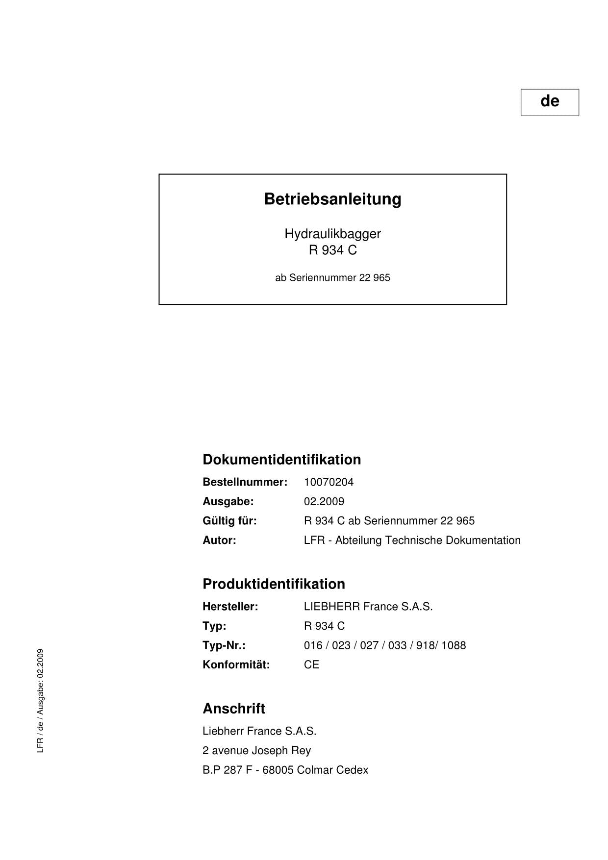 Liebherr R934 C Hydraulikbagger Betriebsanleitung