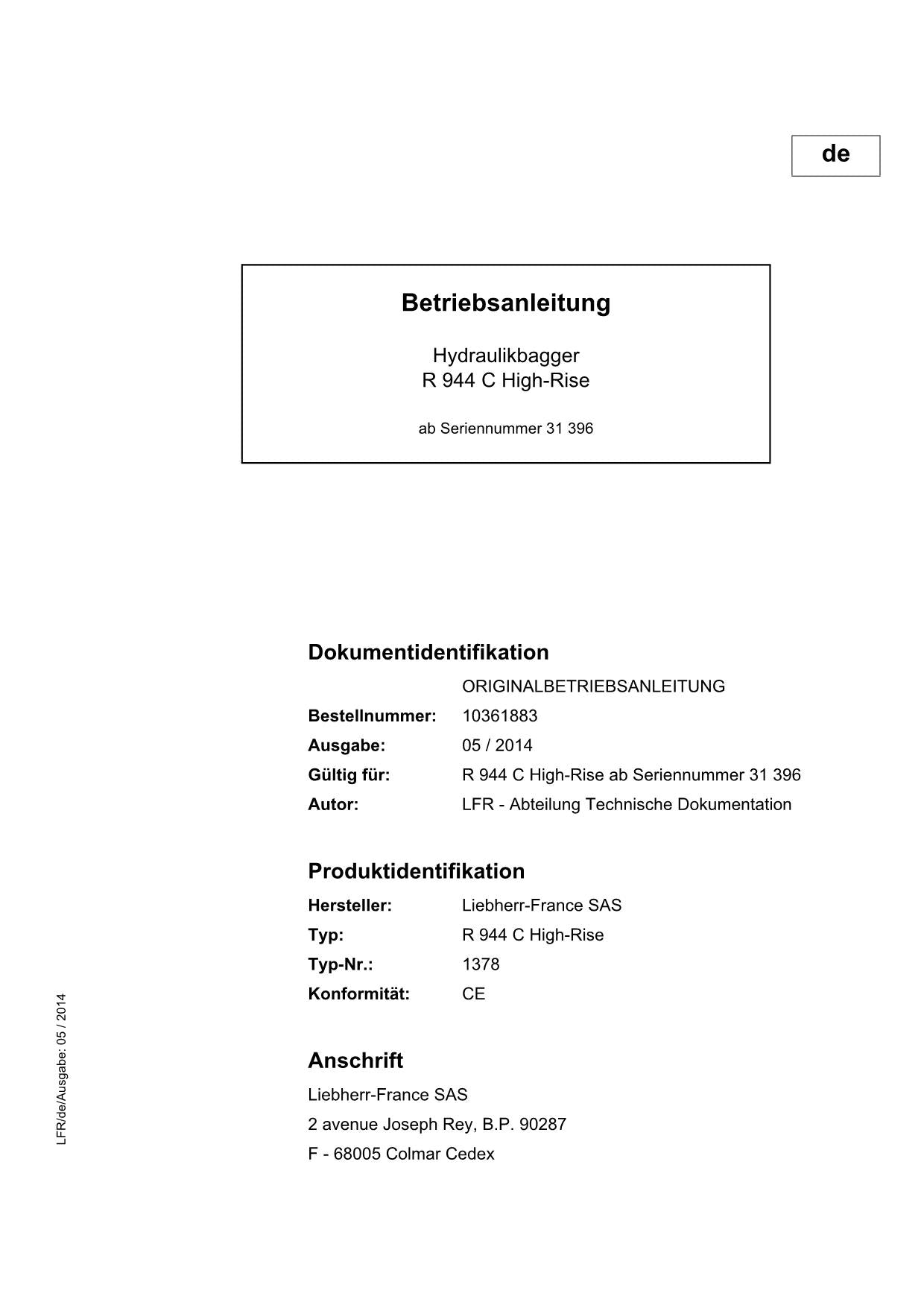 Liebherr R944 C High-Rise Hydraulikbagger Manuel d'instructions