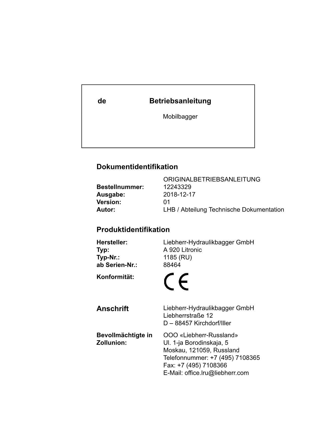 Liebherr A920 Litronic Mobilbagger Betriebsanleitung ser 88464 RU