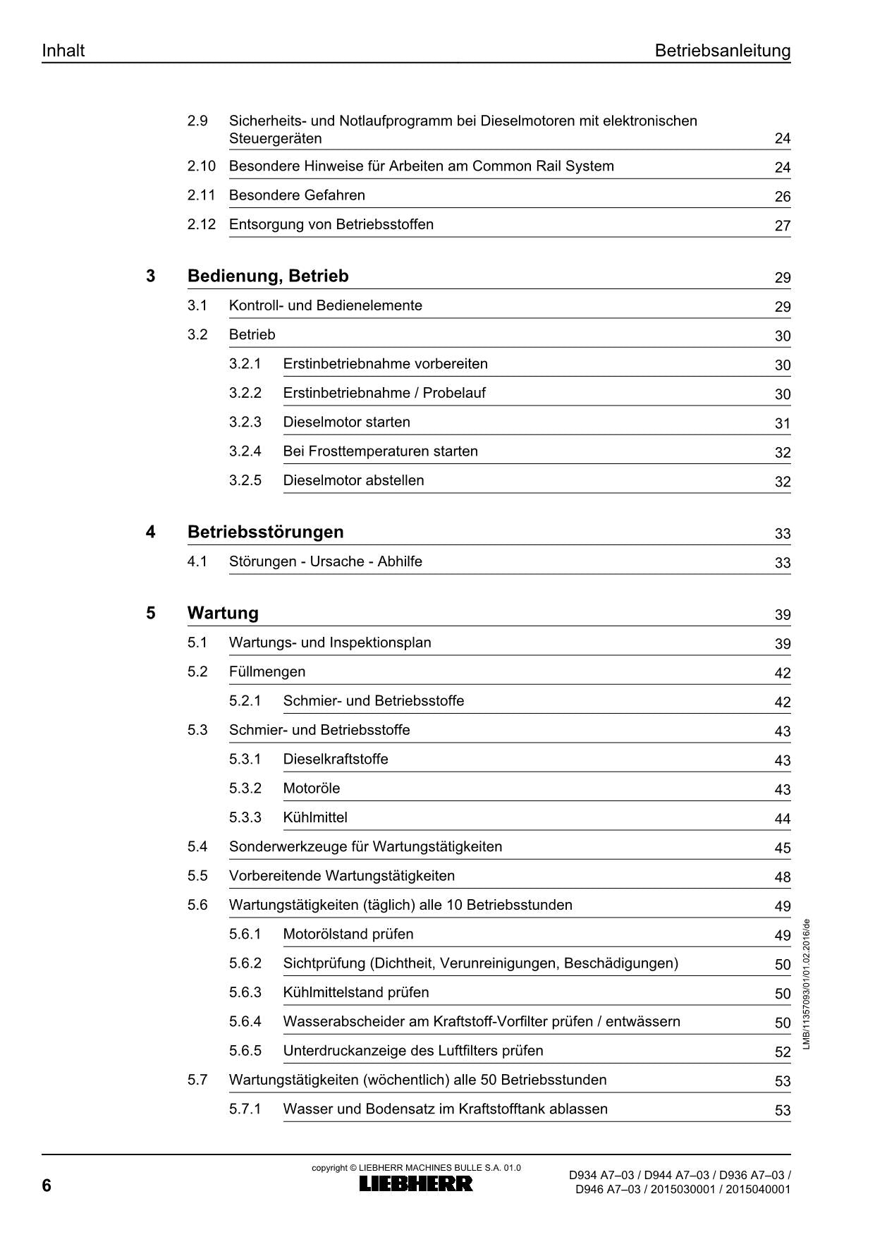 Liebherr D934 D944 D936 D946 A7-03 Motor Betriebsanleitung