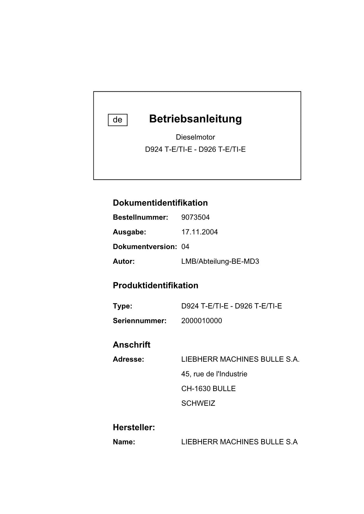 Liebherr D924 TE TI-E D926 TE TI-E Moteur diesel Manuel d'instructions