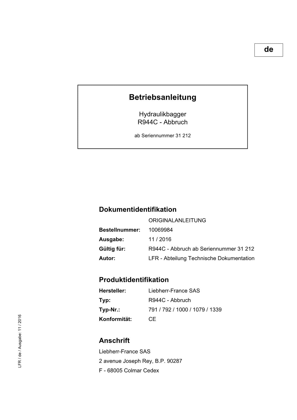 Liebherr R944 C Abbruch Hydraulikbagger Manuel d'instructions