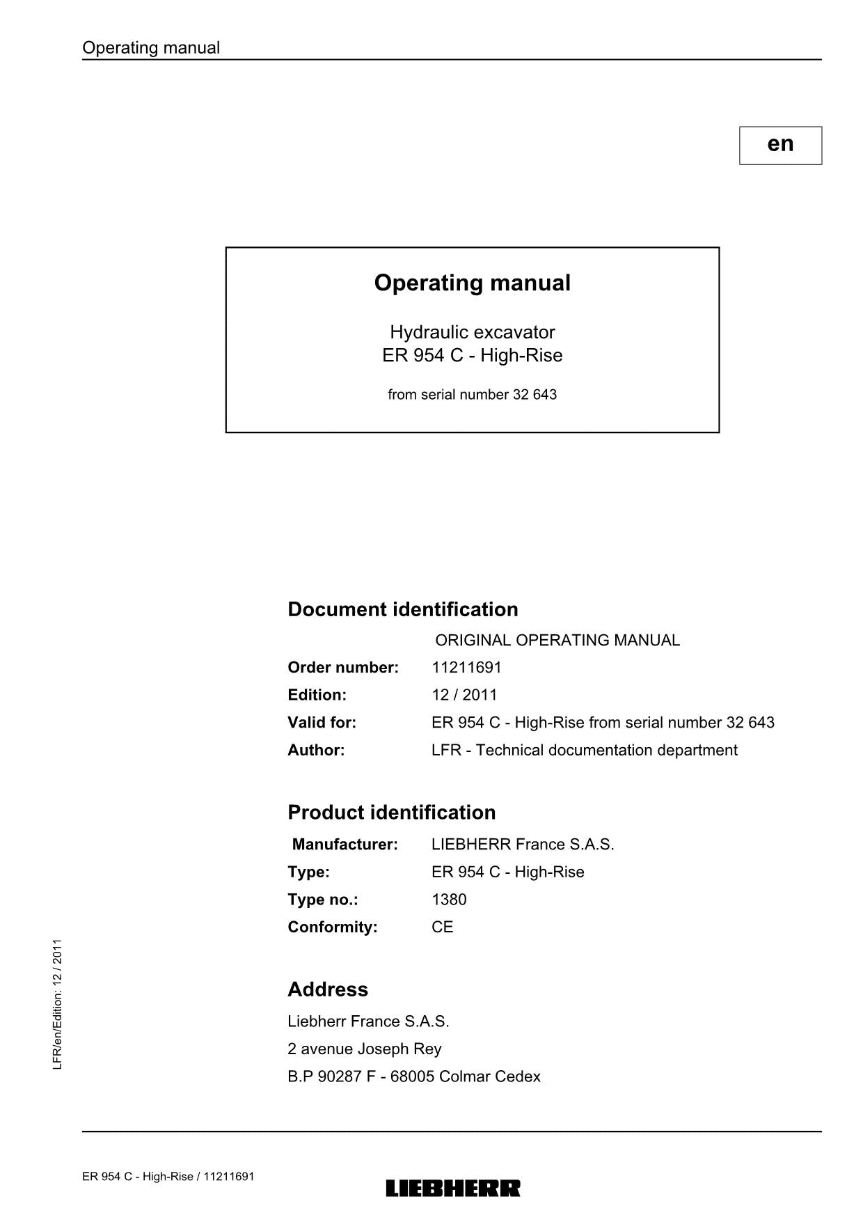 Liebherr ER954 C - High-Rise Excavator Operators manual