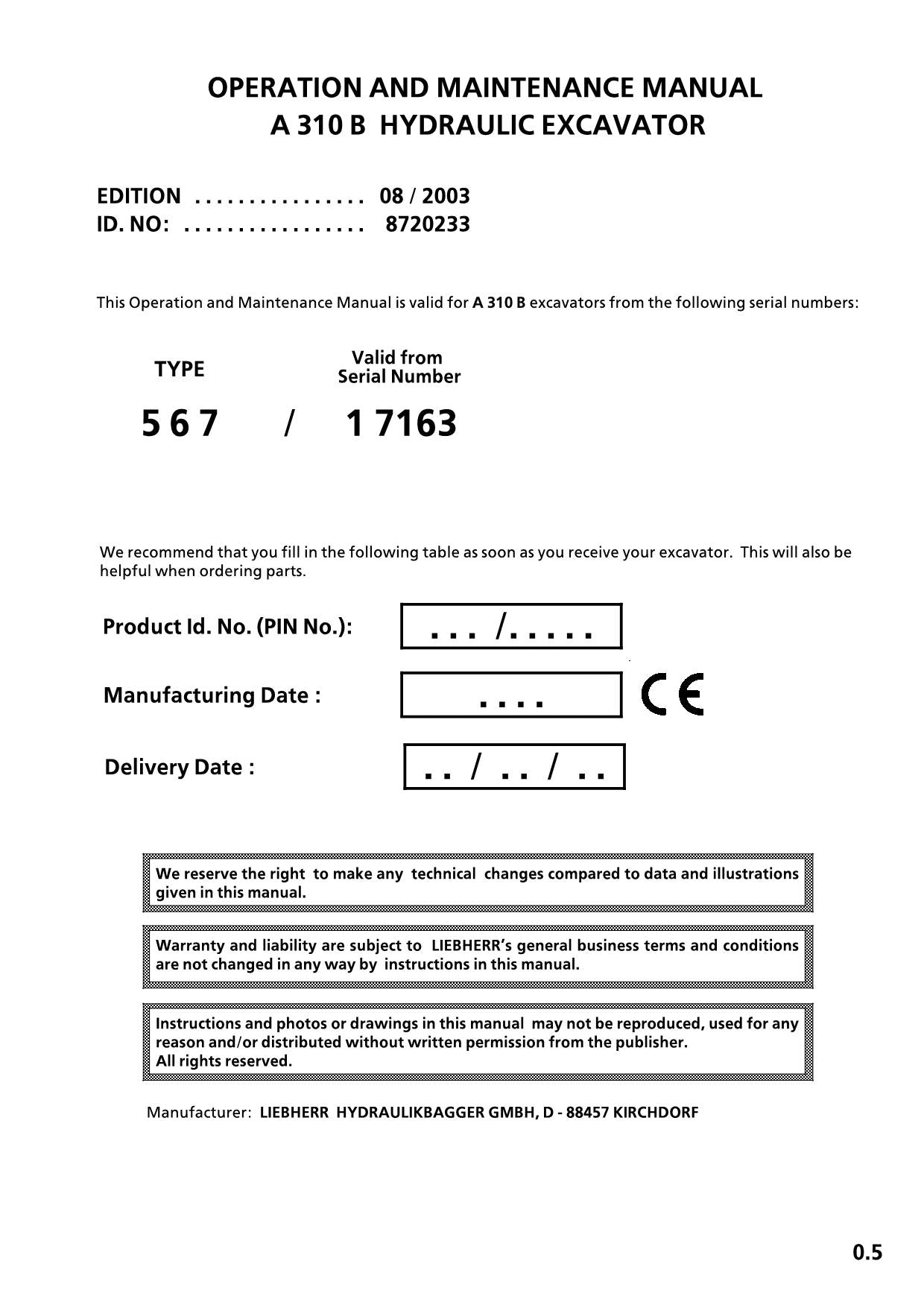 Liebherr A310B Excavator  Operators manual