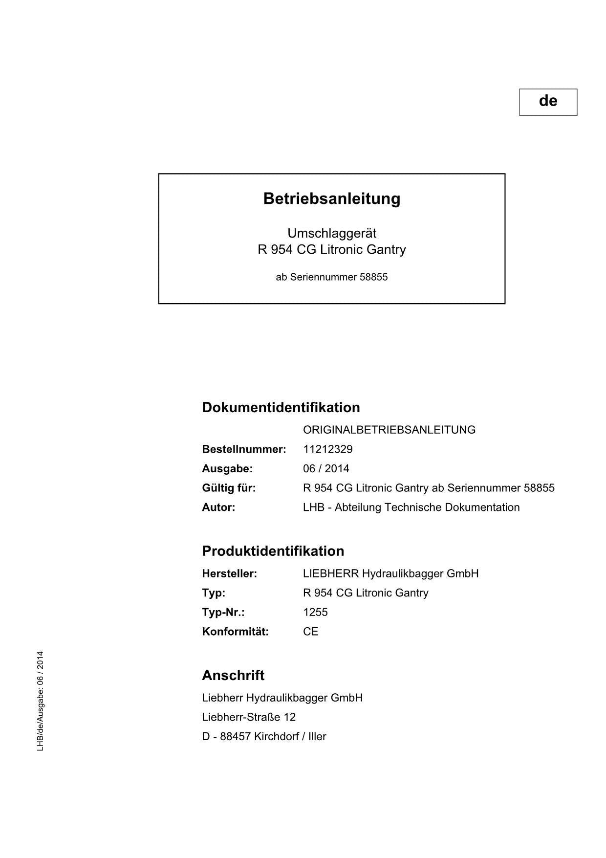 Liebherr R954 CG Litronic Gantry Manuel d'utilisation