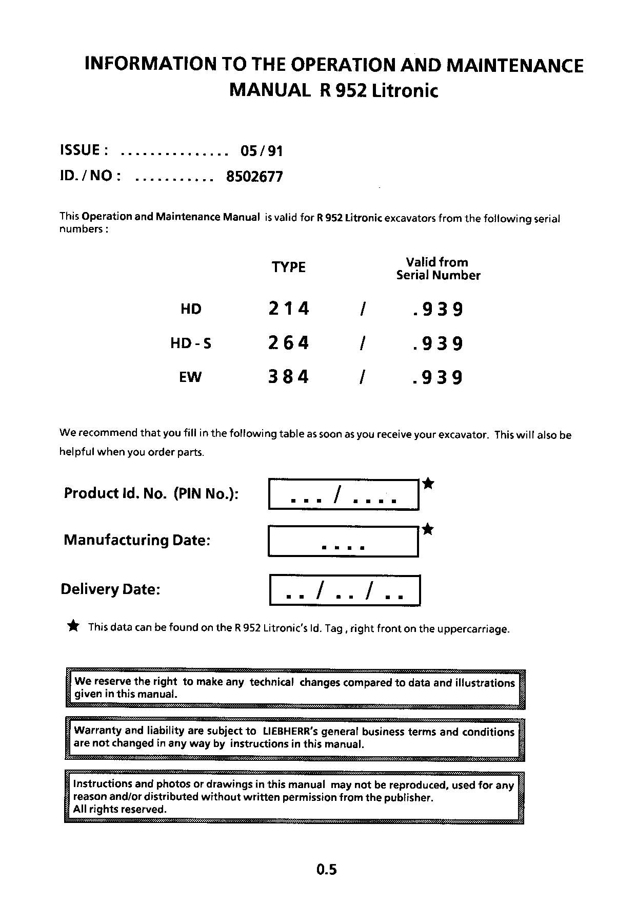 Liebherr R952 Litronic Excavator Operators manual