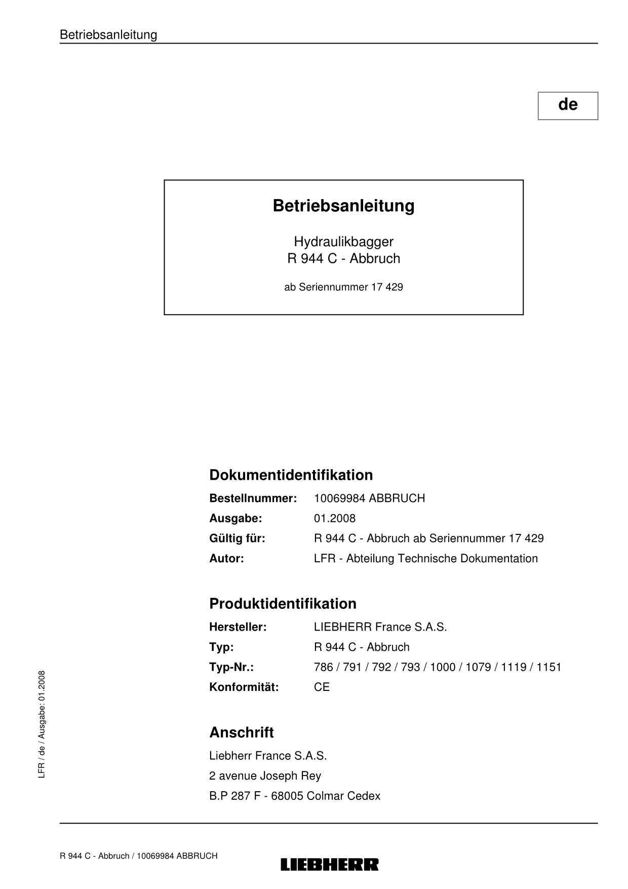 Liebherr R944 C Abbruch 17429 Hydraulikbagger Betriebsanleitung