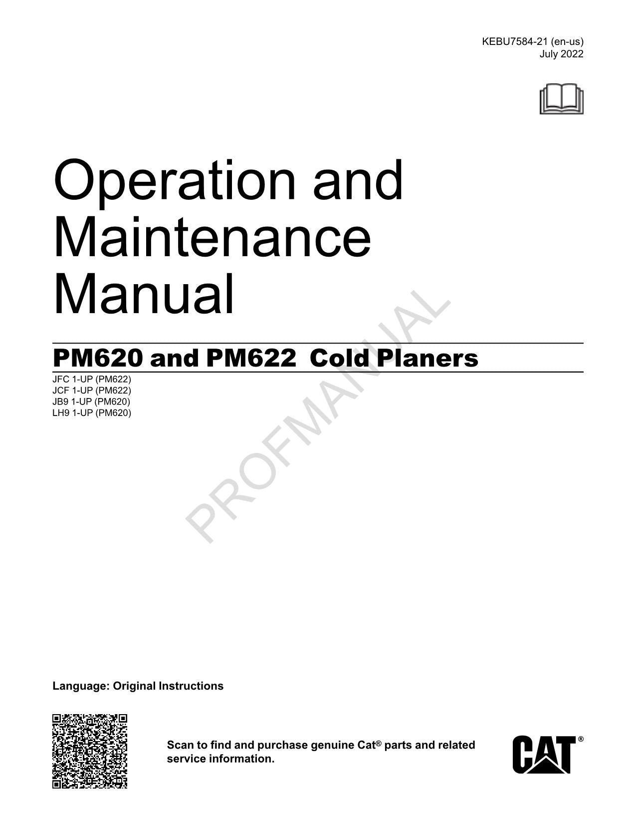 Caterpillar PM620 PM622 Cold Planer Operators Maintenance Manual