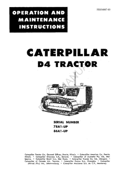 Manuel d'entretien du tracteur Caterpillar D4 série 86A1-Up 78A1-Up