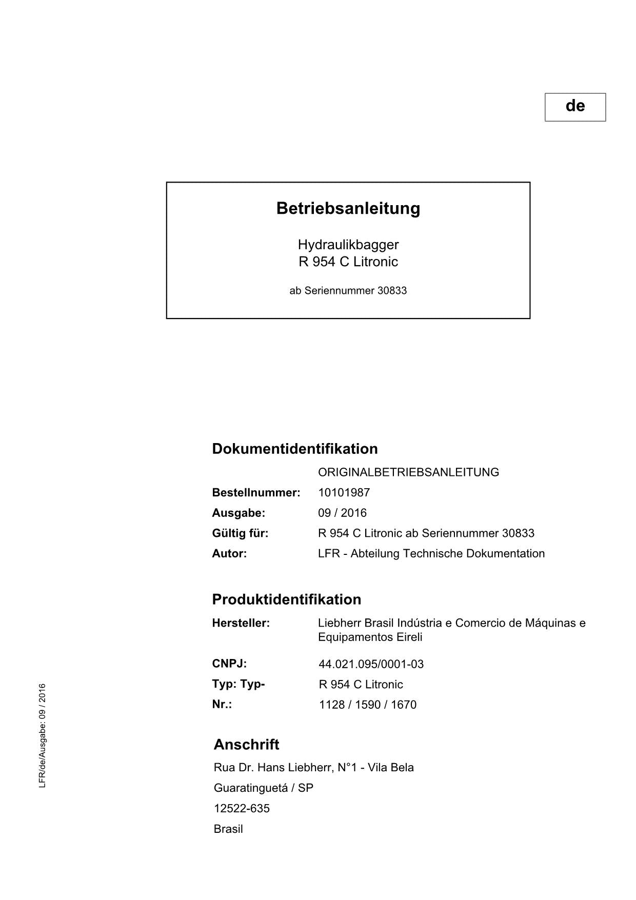 Liebherr R954 C Litronic Hydraulikbagger Betriebsanleitung ser 30833