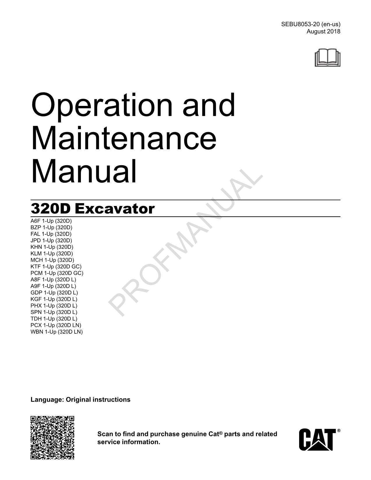 Manuel d'entretien de l'opérateur de la pelle Caterpillar 320D SEBU8053