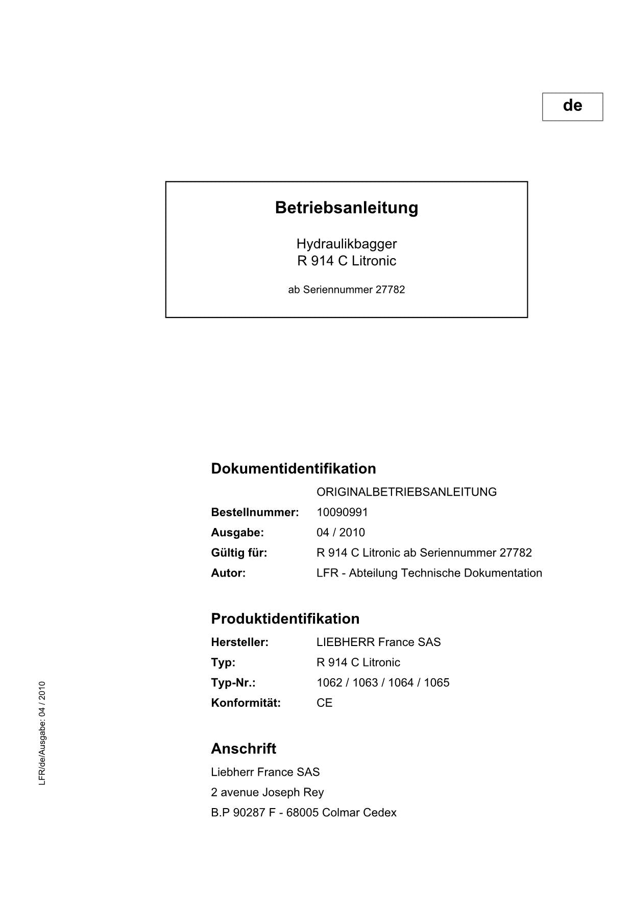 Liebherr R914 C Litronic Hydraulikbagger Betriebsanleitung