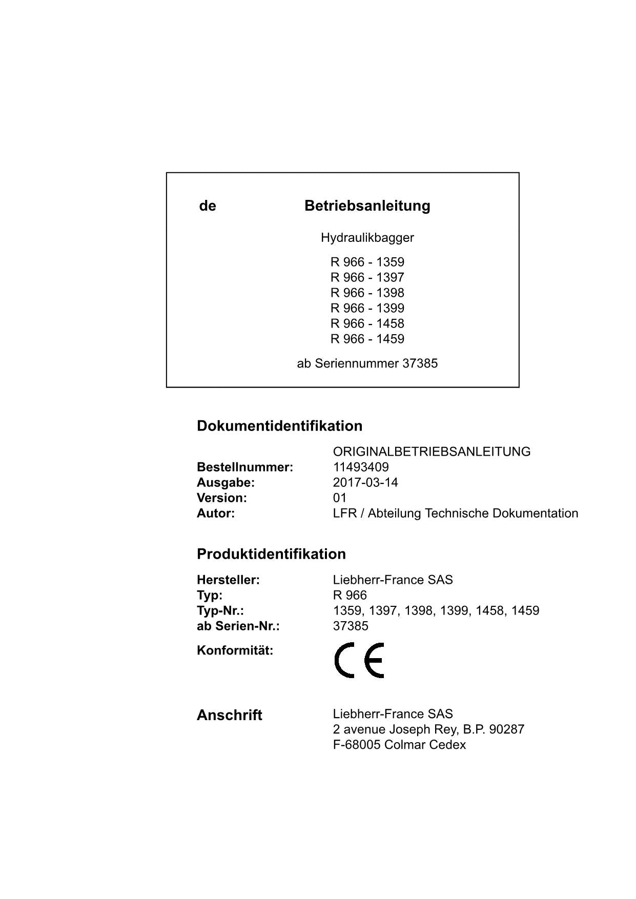 Liebherr R966 Hydraulikbagger Betriebsanleitung ser 37385