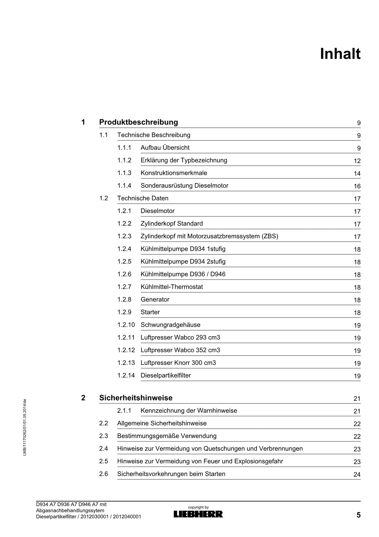 Liebherr D934 A7 D936 A7 D946 A7 Moteur de filtre à particules diesel Manuel d'instructions