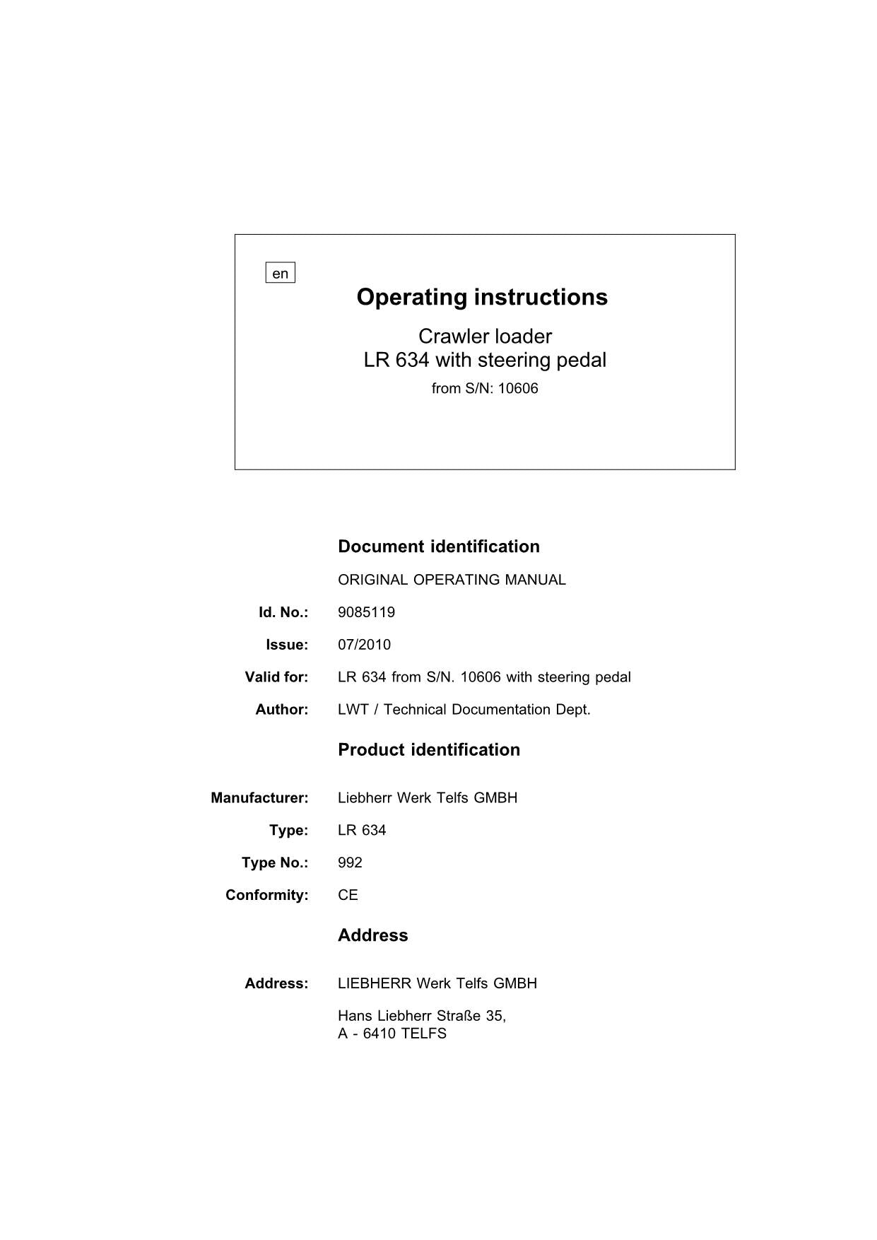 Manuel d'utilisation de la chargeuse sur chenilles Liebherr LR634 9085119 série 10606