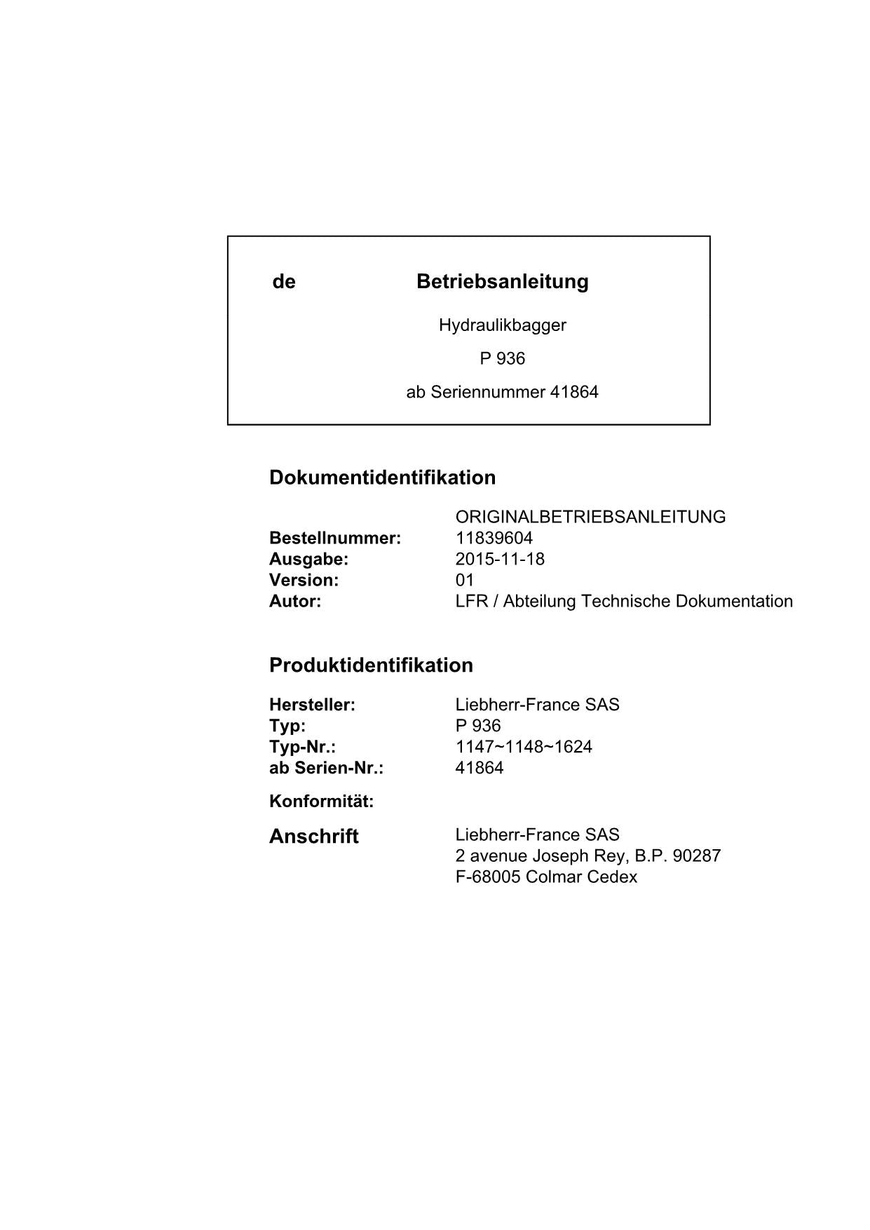 Liebherr P936 Hydraulikbagger Manuel d'instructions