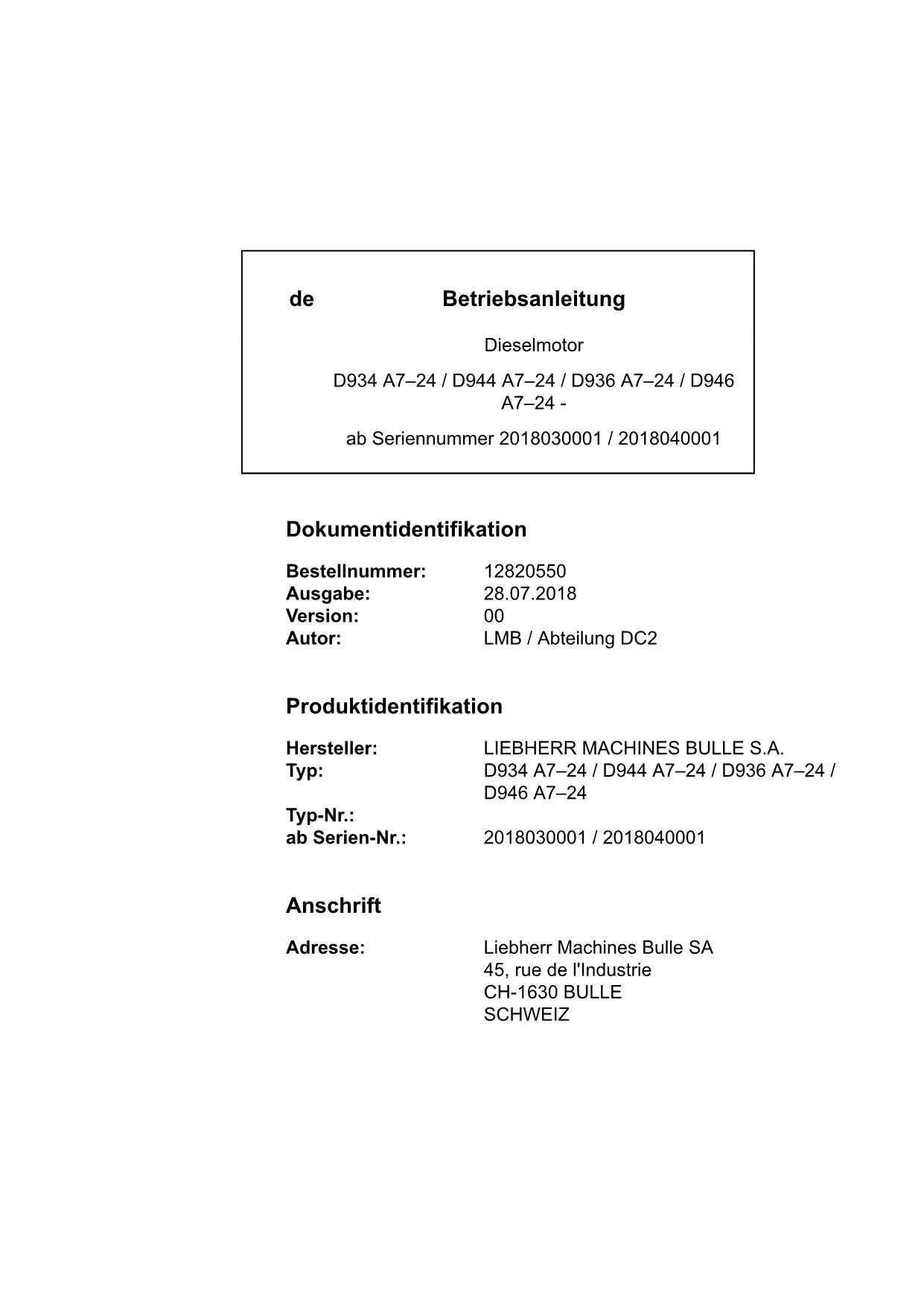 Liebherr D934 A7-24 D944 A7-24 D936 A7-24 D946 A7-24 moteur Manuel d'instructions