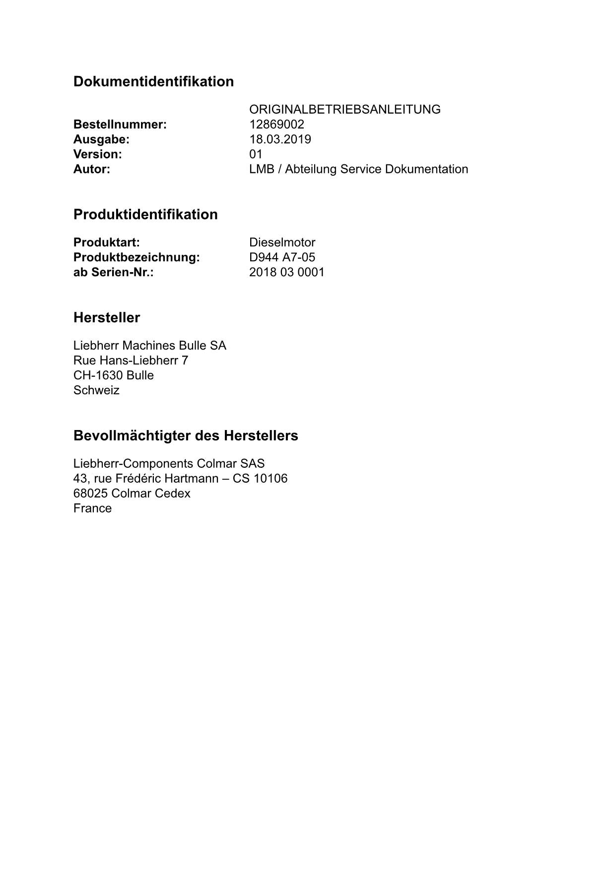 Liebherr D944 A7-05 Moteur diesel Manuel d'instructions